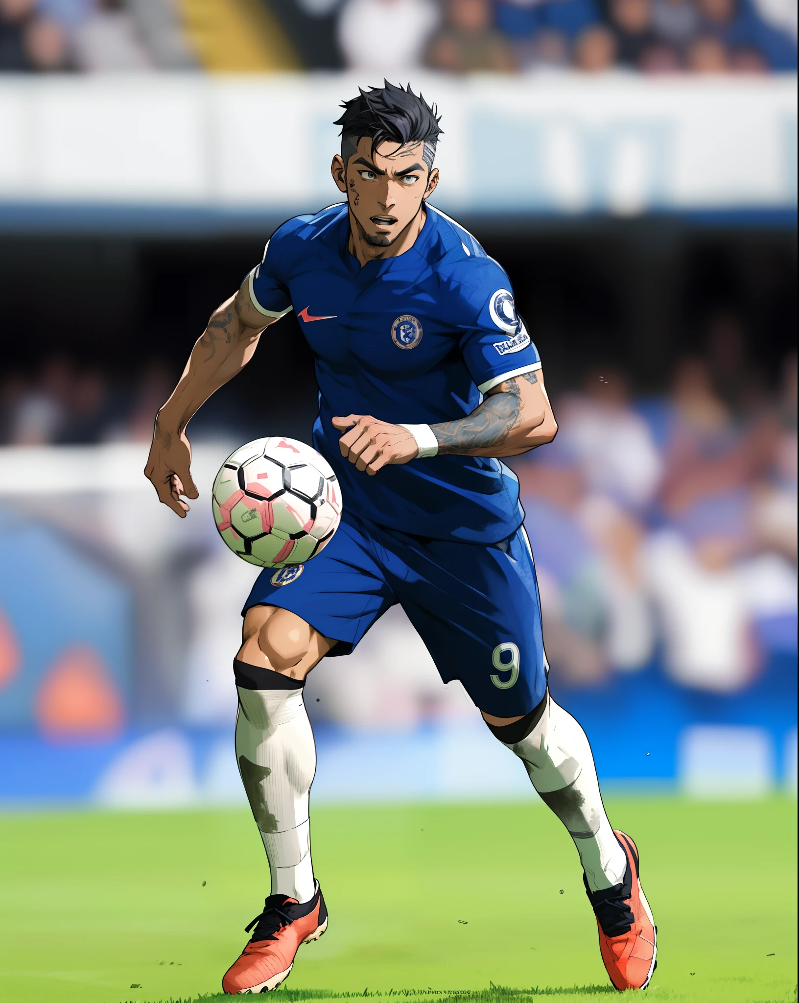 Soccer player, Enzo Fernandez, chelsea blue shirt, (watercolor:0.5), (borderlands:0.7), detailed , anime illustration, anime cartoon style, line art, comic line art drawing
