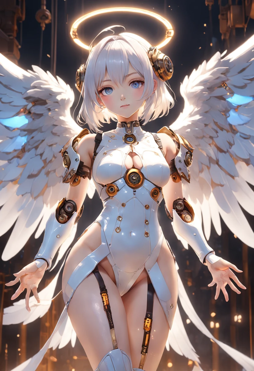 Create a bot、The gesture of the arrival of angels、Suspended in mid-air、Face the camera head-on、in a panoramic view、12 to 16 years old, With a charming smile, Trigger emotions in people, When you see him, top-quality、tmasterpiece、超A high resolution、(Photorealsitic:1.4)、RAW photo、Steampunk robot angel、Large wing made of metal、White porcelain body、whaite hair、glowy skin、cyborg girl、((Super realistic details))、porate、The halo of time and gears are constantly spinning behind the back、globalillumination、black shadows、octan render、8K、ultrasharp、Character edge light,Colossal tits、Raw skin is exposed in cleavage、Details of complex ornaments、Acrylic transparent cover、Sumerian details、Hydraulic cylinder、small led lights、highly intricate detail、Realistic light、a purple eye、Radiant eyes、Facing the camera、neon light detail、cow boy shot、Futuristic headgear、Floor plan about the《cyber punk perssonage》、Extra meticulous、future-tech、Faraway view、Full body photo、