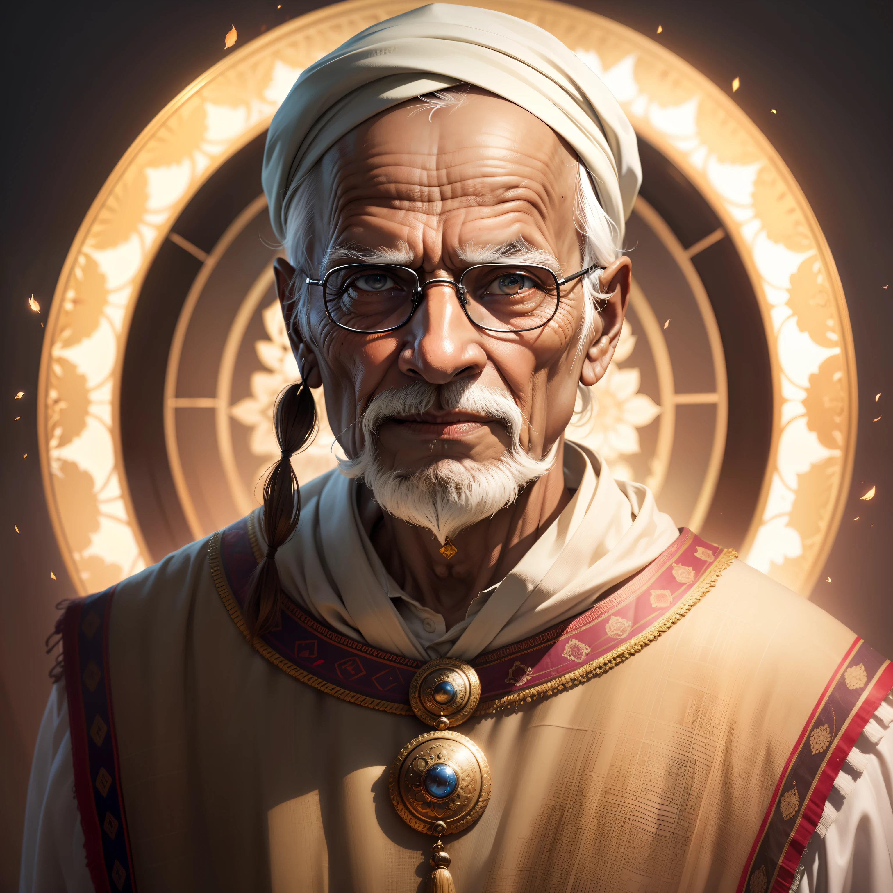 An elderly man from India, (tmasterpiece, top-quality, offcial art, Beauty and aesthetics:1.2), tmasterpiece, HD transparent background, Blender cycle, volumettic light, reification, fanciful, Negative prompts, best qualtiy,