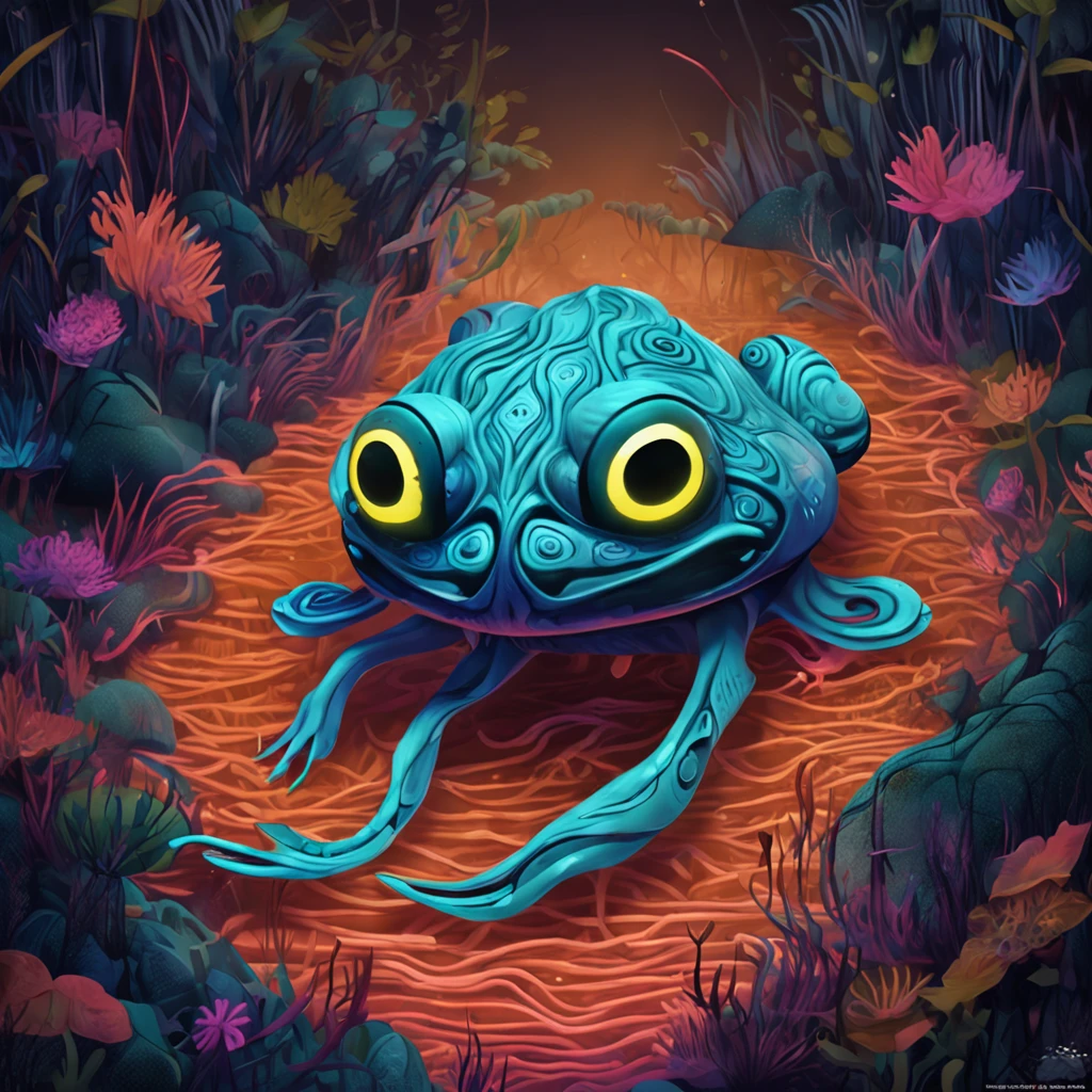 (Klein:1.3, fanciful:1.2) Marvelous bioluminescent filamentous creature in dark background, Has a visible spectrum,Inspired by Huang Shijie. Large eyes should be emphasized.Frog shape