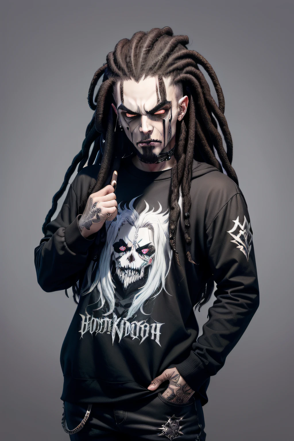 Um personagem para perfil das redes sociais, estilo cartoon, homem, headbanger, corpse paint black metal, cabelo dreads grandes, roupa preta com a logo da banda de black metal, don't thread on me, fundo da imagem ser sombria e assustadora