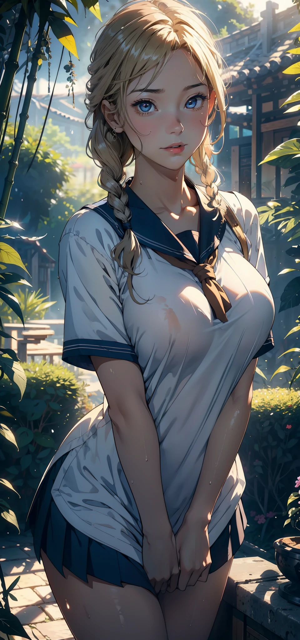 1female，25 age old，Slim，Large breasts，long leges，Big breasts Thin waist，Pornographic exposure， 独奏，（Background with：bamboo forrest，Stand in a sea of flowers，in summer） She has short blonde hair，standing on your feet，Sweat profusely，drenched all over the body，seen from the front， Twist braids， mostly cloudy sky，（（（tmasterpiece），（Very detailed CG unity 8K wallpaper），best qualtiy，cinmatic lighting，detailed back ground，beatiful detailed eyes，Bright pupils，（Very fine and beautiful），（Beautiful and detailed eye description），ultra - detailed，tmasterpiece，）），facing at camera，A high resolution，ultra - detailed），revealing breasts，Bare genitalia， Bulge，Camel toes，Raised sexy，Flushed complexion，Open-mouthed，frontage，（Wearing：Sailor uniform，Black socks，）nakeness，upper body photos