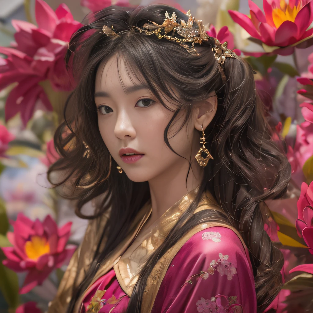 32K（tmasterpiece，k hd，hyper HD，32K）Large curls，Flowing rouge，ponds，zydink， a color，  Asian people （Silly girl）， （Silk scarf）， Combat posture， looking at the ground， Large rolls of rouge， Flowing rouge curls， Crocodile leather tiara， Chinese long-sleeved clothing， （abstract ink splash：1.2）， Pink lotus background，Water lily flower protector（realisticlying：1.4），Rouge hair，Autumn is in full swing，The background is pure， A high resolution， the detail， RAW photogr， Sharp Re， Nikon D850 Film Stock Photo by Jefferies Lee 4 Kodak Portra 400 Camera F1.6 shots, Rich colors, ultra-realistic vivid textures, Dramatic lighting, Unreal Engine Art Station Trend, cinestir 800，Large curls，Flowing rouge