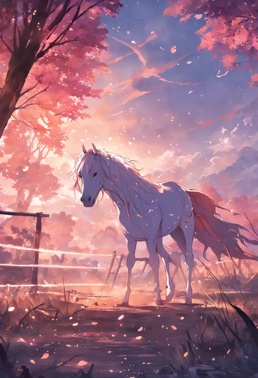 Imagine uma ferradura de cavalo estampada na imagem, shiny steel, com uma linda paisagem ao fundo, de uma bela fazenda