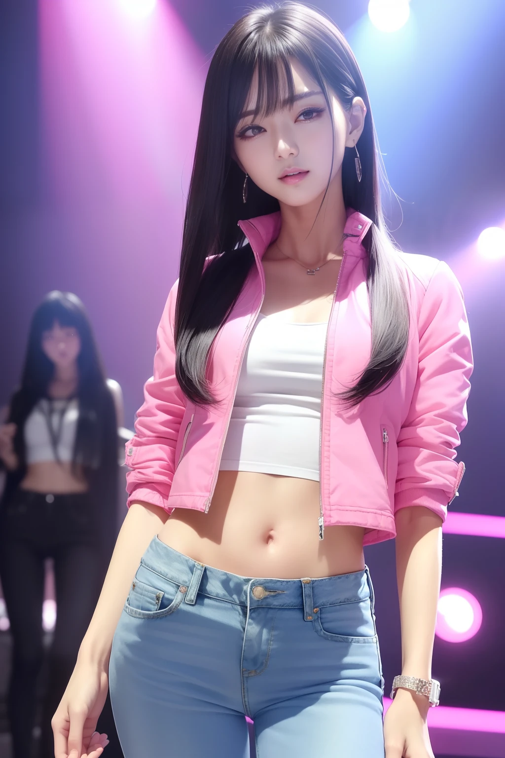 top-quality, 超A high resolution, (Photorealsitic:1.4), (1人), ((Pink short jacket)), ((whiteshirt)), ((Super Low Rise Blue Denim Slim Pants)), (Lustrous black hair), ((Medium straight hair)), (Ideal female body type), (A slender), model shot, Live Stage, 韓国アイドル