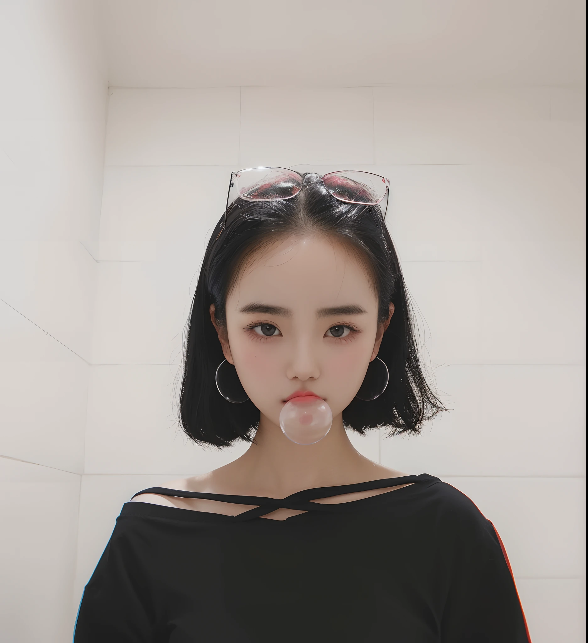 there is a woman with a bubble in her mouth and a black top, ulzzang, with short hair, cruel korean goth girl, guweiz, korean symmetrical face, artwork in the style of guweiz, inspired by Yanjun Cheng, tumblr, young cute wan asian face, with round cheeks, cute round slanted eyes, korean girl
