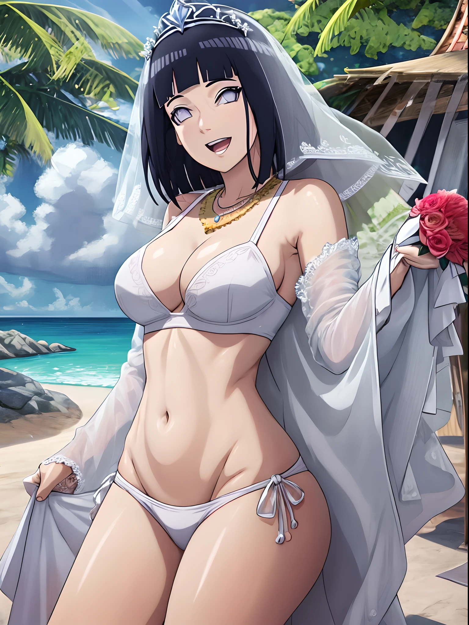 (WALLPAPER, (hinata\(boruto\), masterpiece, 4k, vector coloring, whole body shot, contrast lighting, mature female, milf, (curvy:0.8), solo, anime style, sharp focus, professional artwork, intricate details, detailed beach background, colorful, vibrant colors, vivid colors, digital blending, ultra detailed body, ultra detail hair, ultra detail face, trending on pixiv, very hot colors, sunny day, outdoor, detailed bold arm lines, high color saturation, bold lines, bold drawing lines),
(standing, open mouth, kind smile, extremely happy, goodbye, sexy pose),
((dark blue hair color:1.1), wavy hair, ((short hair, hime cut)),
(perfect eyes, white sciera, white eyes, anime eyes, smoky eyeliner, eyeshadow)
(white skin, slender body, milf, navel, groin, flat belly, perfect face, perfect thighs),
(Thighs, legs, big breasts, perky boobs, off-shoulders, (groin, detailed shoulders),
(almost naked, bare chest, bare shoulders, bare hands, bare legs),
(all cloth is white, white dress, wedding veil, white flower wedding tiara, gold necklace)