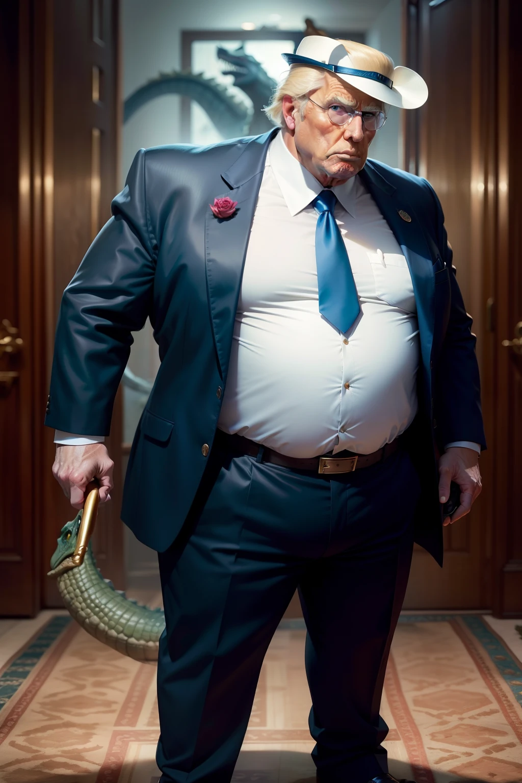 Realistic image of Donald Trump,Ultra-realistic quality,a old man,Big chest,wearing an outfit,Wearing crocodile dragon armor,Wearing a crocodile head hat,Muscle men, Man ,Wear half-moon glasses,Realiy