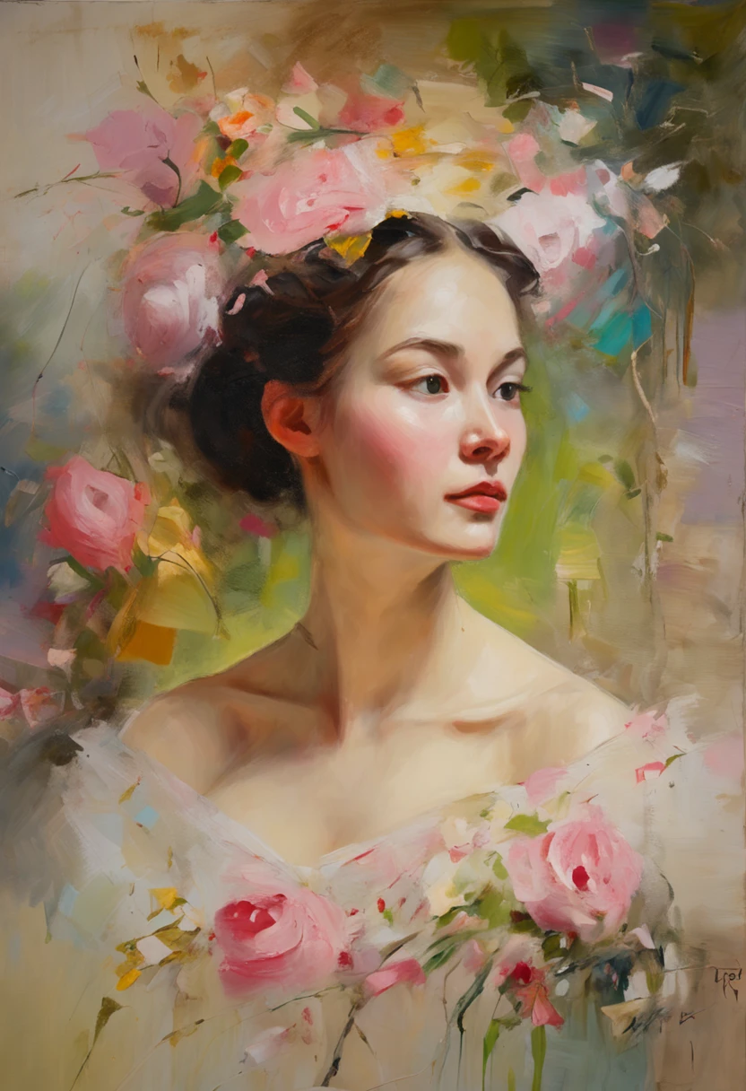 Impressionism Art, Claud Monet, 18th Century teen girl with beautiful face, sweet as a princess Brown hair Asian face frame, wearing an 18th-century white wedding dress in a garden with pink roses, masterpiece, not blurred. Beautiful lighting HD resolution