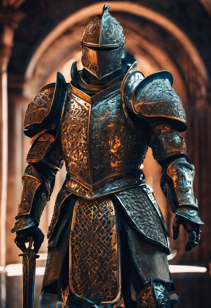 (bust figure of a knight) with intricate armor, majestic pose, shining sword, intense gaze, dramatic lighting