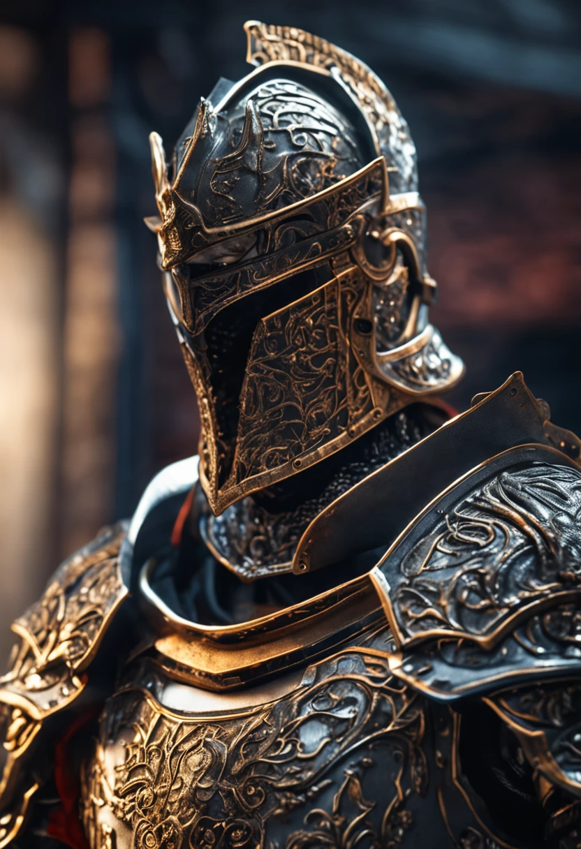 (bust figure of a knight) with intricate armor, majestic pose, shining sword, intense gaze, dramatic lighting