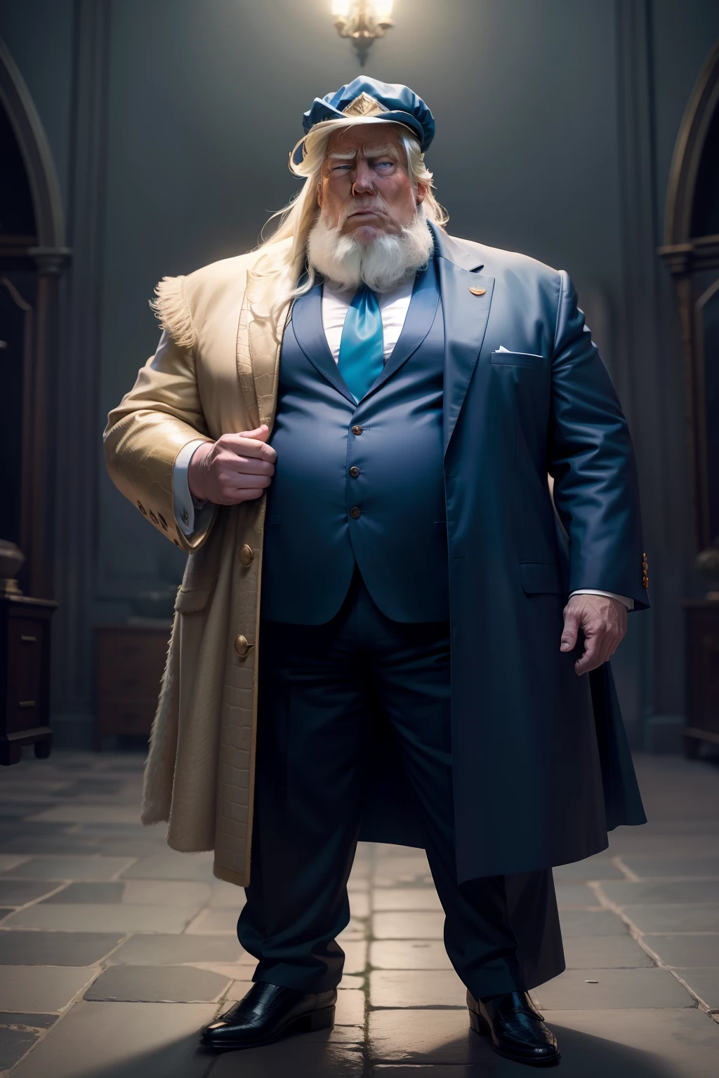 Donald Trump as a realistic image of the cartoon; Ultra-realistic quality Dumbledore,a old man,Big chest,wearing an outfit,Wearing crocodile dragon armor,Wearing a crocodile head hat,muscle men, Man ,Wear half-moon glasses,Realiy,Blue whale in hand,Full body photo