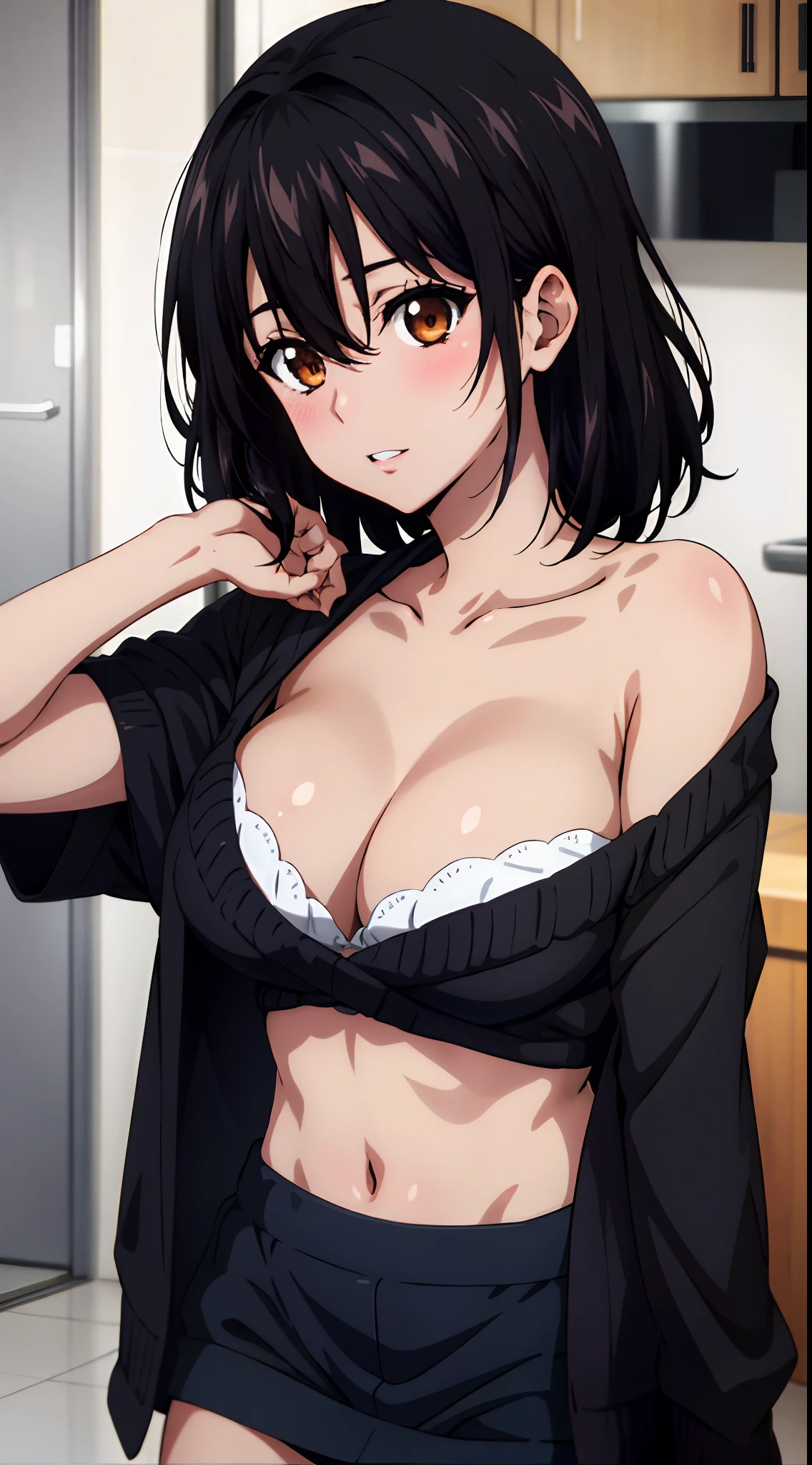 masterpiece, best quality, 1 girl, himeragi yukina, brown eyes, black hair, hair between eyes, medium hair, medium breasts,