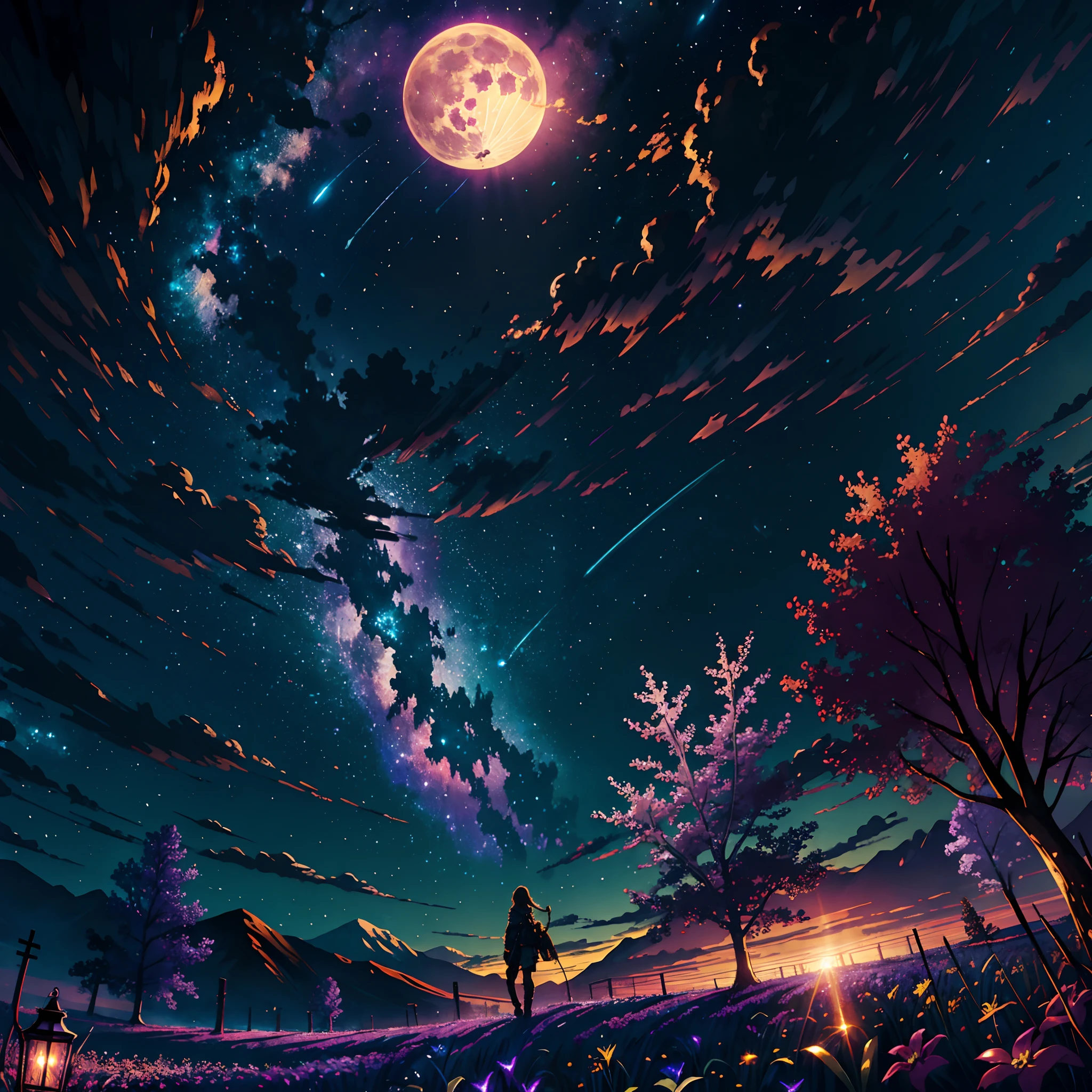 expansive landscape photograph , (a view from below that shows sky above and open field below), a girl standing on flower field looking up, (full moon:1.2), ( shooting stars:0.9), (nebula:1.3), distant mountain, tree BREAK
production art, (warm light source:1.2), (Firefly:1.2), lamp, lot of purple and orange, intricate details, volumetric lighting BREAK
(masterpiece:1.2), (best quality), 4k, ultra-detailed, (dynamic composition:1.4), highly detailed, colorful details,( iridescent colors:1.2), (glowing lighting, atmospheric lighting), dreamy, magical, (solo:1.2)