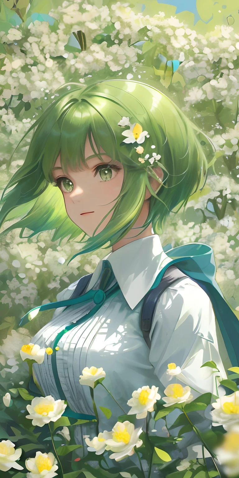 High detail, super detail, super high resolution , girl with short green hair enjoying her time in the open field, surrounded by the beauty of nature, warm sun sprinkling on her, white flowers gently swaying in the breeze. Butterflies and birds flutter around her, adding to the playful atmosphere , --v6