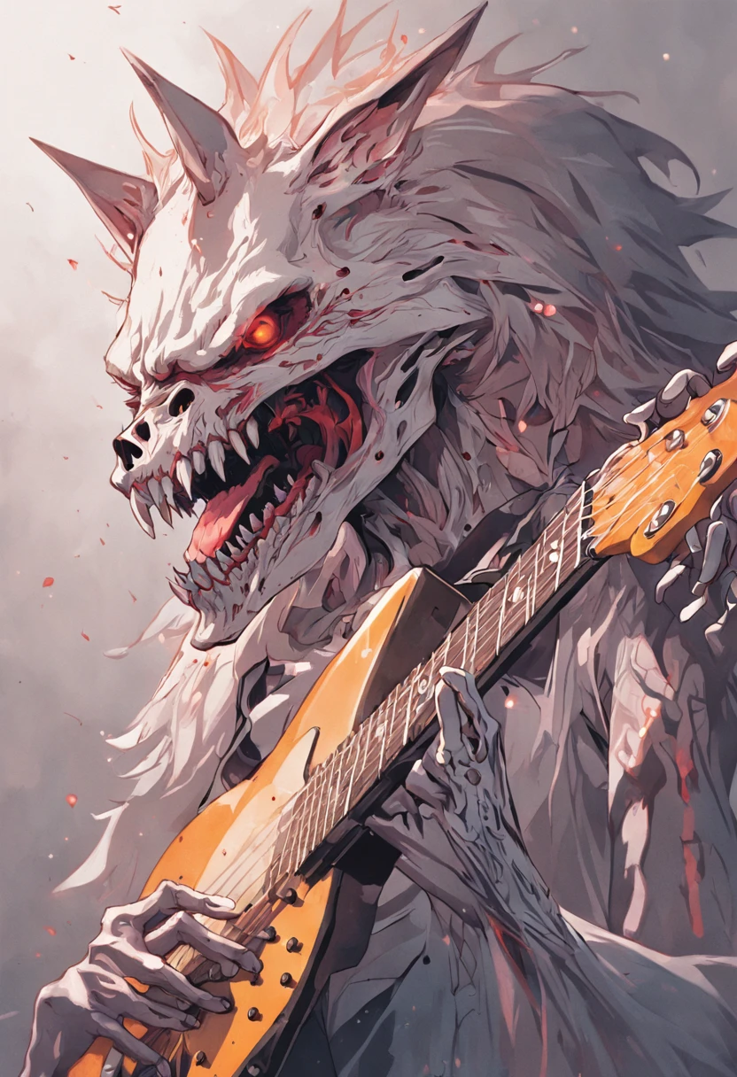 ((uma obra-prima detalhes insanos wolf skull tocando guitarra), cores neon, alto contraste, Vector art with strong, sharp black outlines, Full body shot sharp focus, pintura digital, digital illustation, ultra sharp, linhas duras, linha limpa, white background intricate sharp focus, Directed by: Greg Rutkowisk e Luis Royo, Melhor qualidade de obra-prima, minimal and clean (arte vetorial: 1.2)