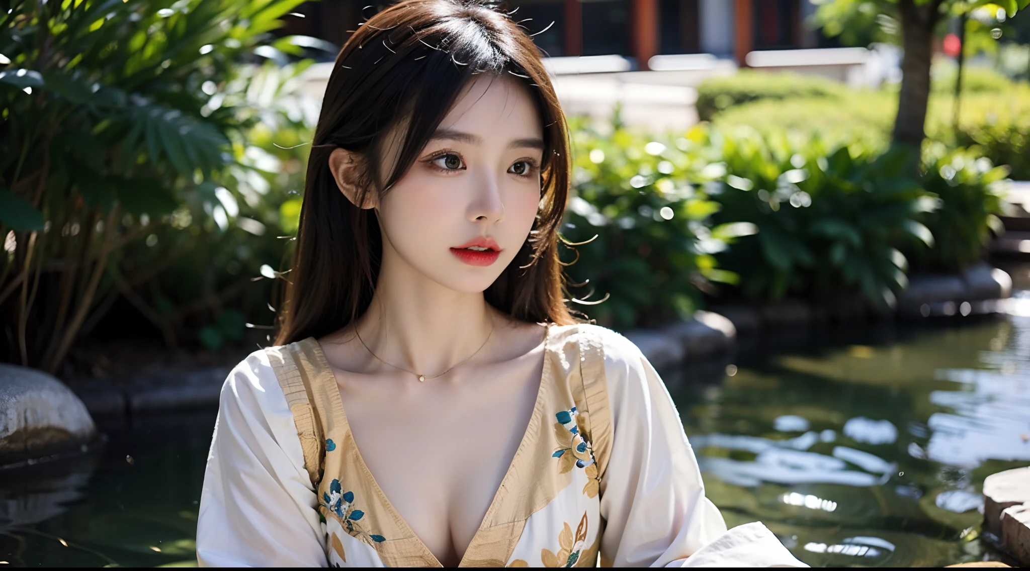 (A half body,Close-up,closeup cleavage),Arakfi Asian woman sitting in chair,Wearing a green and gold dress, (outside,hot onsen,florals,grassy,nevando) , A girl in Hanfu, Hanfu, Cheongsam, with acient chinese clothes, Traditional beauty, Traditional Chinese clothing, Wearing ancient Chinese clothes, Chinese style, Chinese dress, Chinese costume, Chinese traditional, Chinese girl, wearing ornate silk clothes,Redlip