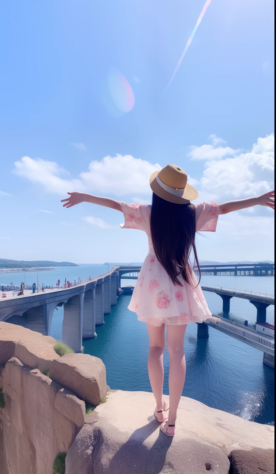 There was a woman standing on a rock,arms out, twice, 🚿🗝📝, 8K)), bridge, On a sunny day, standing on a bridge, Beautiful image, 🪔 🎨;🌞🌄, 🤬 🤮 💕 🎀, ulzzangs, panoramic view of girl, Girl standing on a cliff, sun yunjoo