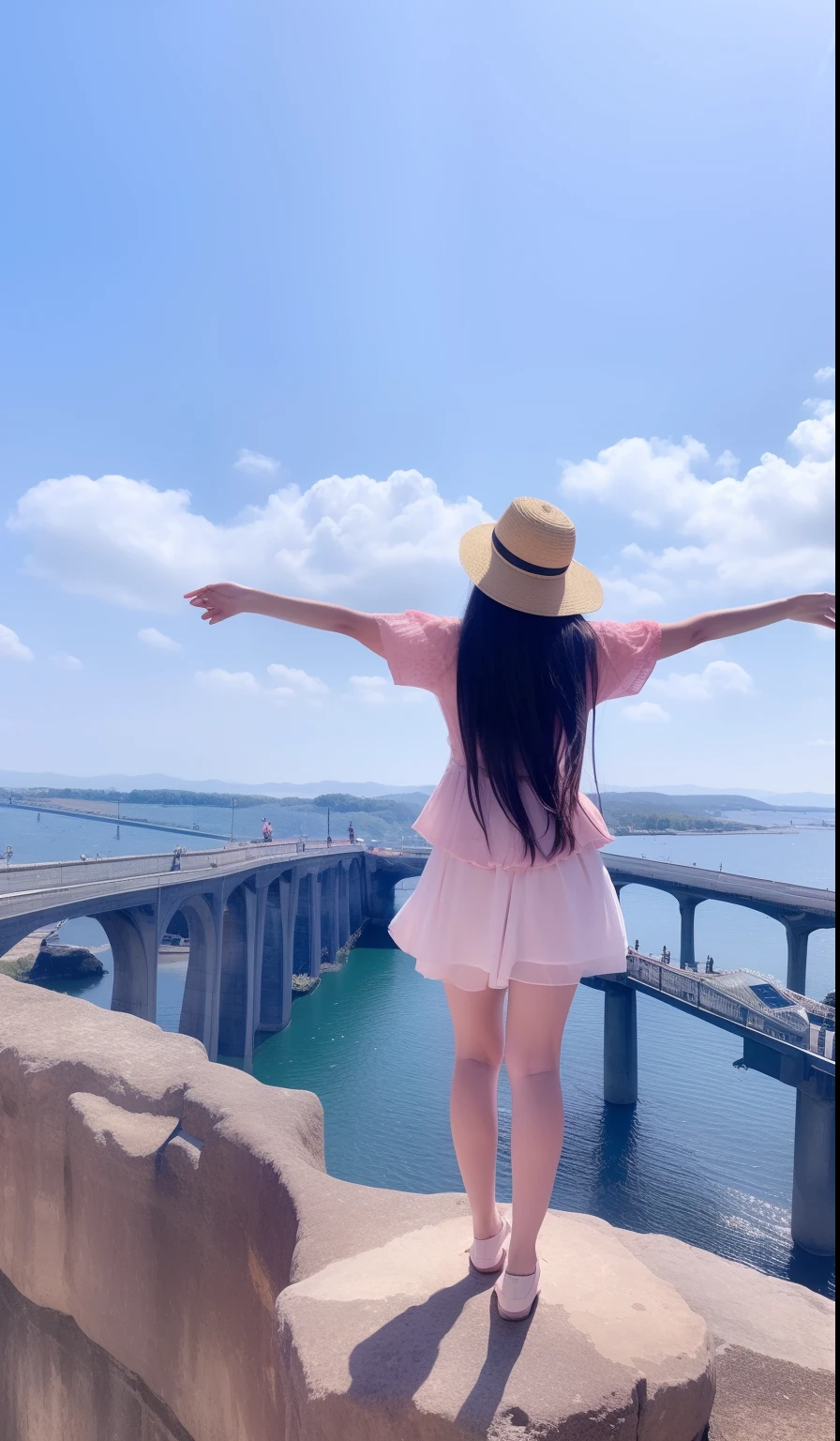 There was a woman standing on a rock，arms out, twice, 🚿🗝📝, 8K)), bridge, On a sunny day, standing on a bridge, Beautiful image, 🪔 🎨;🌞🌄, 🤬 🤮 💕 🎀, ulzzangs, panoramic view of girl, Girl standing on a cliff, sun yunjoo