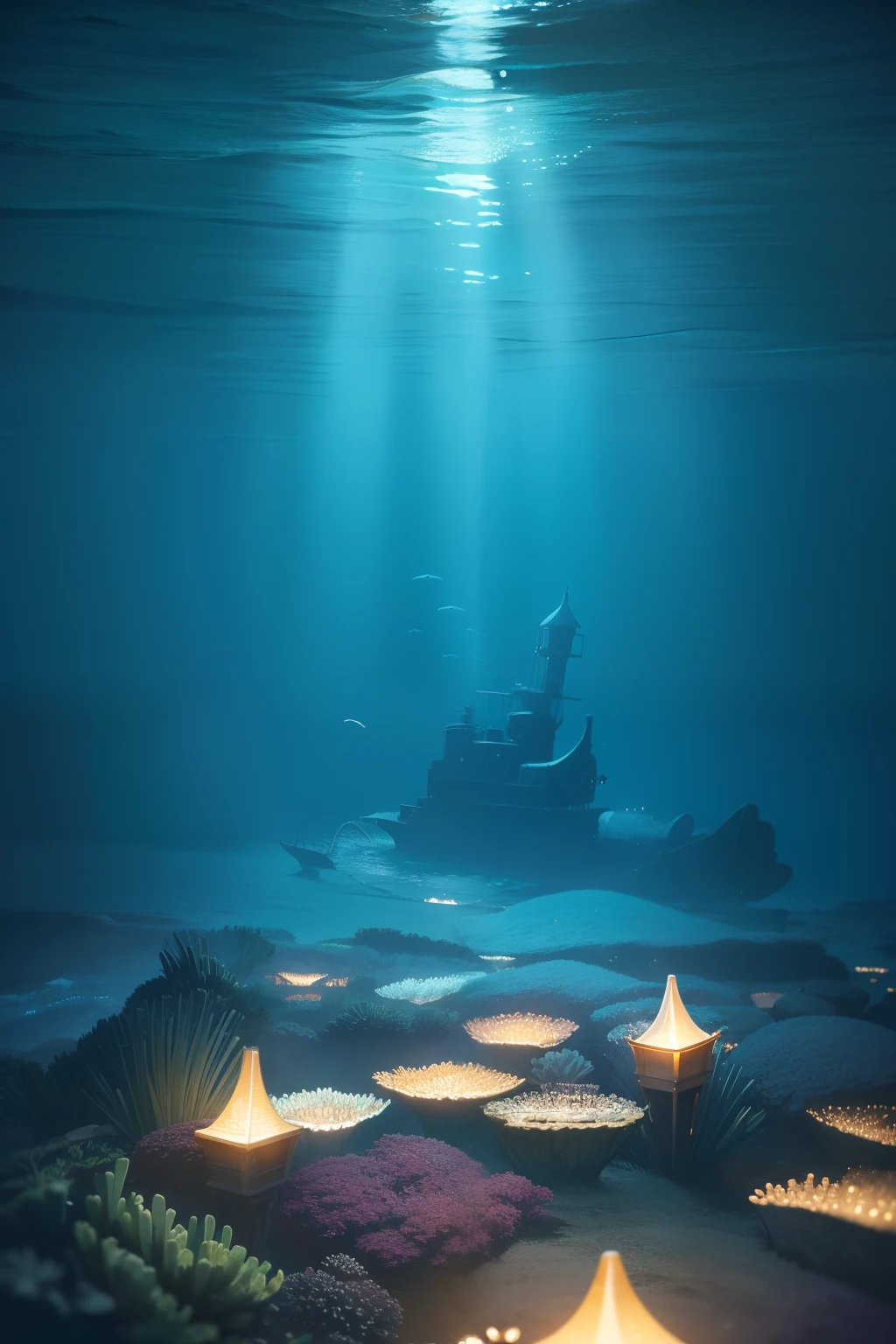 superfine illustration, Best Quality, Deep in the fantastic ocean, A powerful yet graceful locomotive. Train, Reminiscent of the early 20th century, Exude nostalgia throughout the underwater world. Locomotive lights gently illuminate the rather dark seabed, The surrounding sea is、Deep blue mixed with ethereal green to shimmer, Illuminated by the soft light of the underwater lantern in the car. Further enhance your sense of history and wonder. The whole scene is、Capture a blend of deep-sea wonders and nostalgic charm from bygone eras.