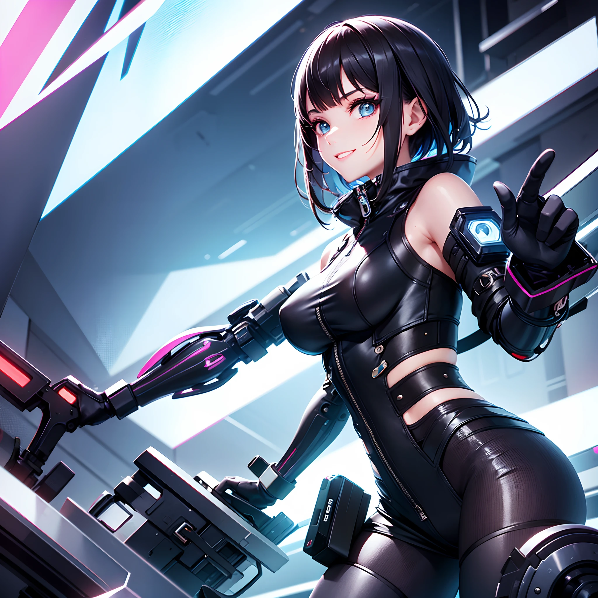 1. "Cybernetic girl with a trendy outfit, sporting a joyful expression, and showcasing avant-garde fashion modeling."