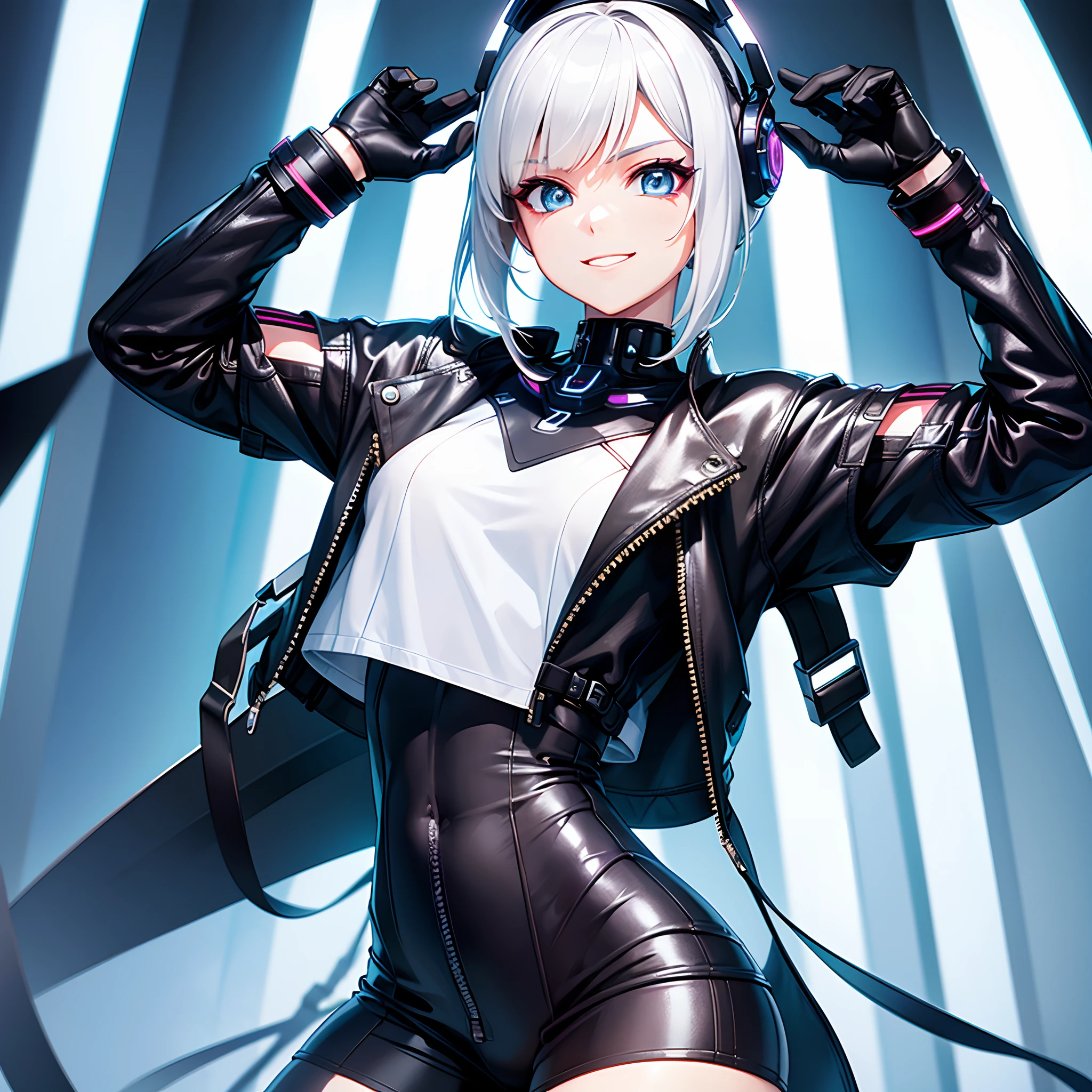 1. "Cybernetic girl with a trendy outfit, sporting a joyful expression, and showcasing avant-garde fashion modeling."
