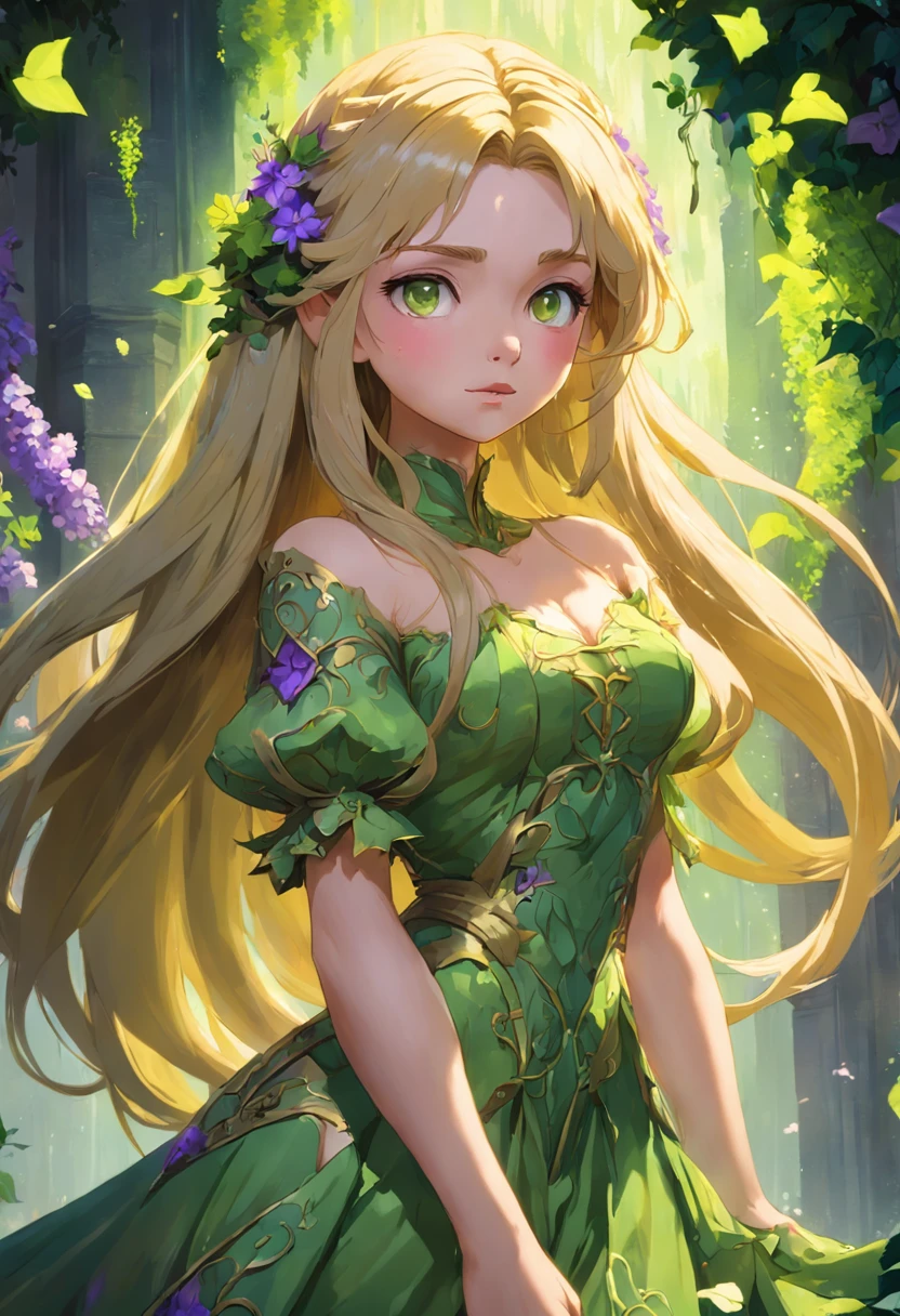 Flower Princess, Rapunzel, Beautiful, Glowing yellow glow, Long blonde hair, Green eyes, Lilac flower dress, Green ivy, Nice young face, Soft tan skin, Concept art portrait by Greg rutkowski, Art germ, Ultra-detailed and intricate Gothic art trends in Artstation ternary colors, Fantastical, intricately details, Splash screen, Complementary colors, fantasy concept art, 8K resolution, Oil painting, Heavy strokes