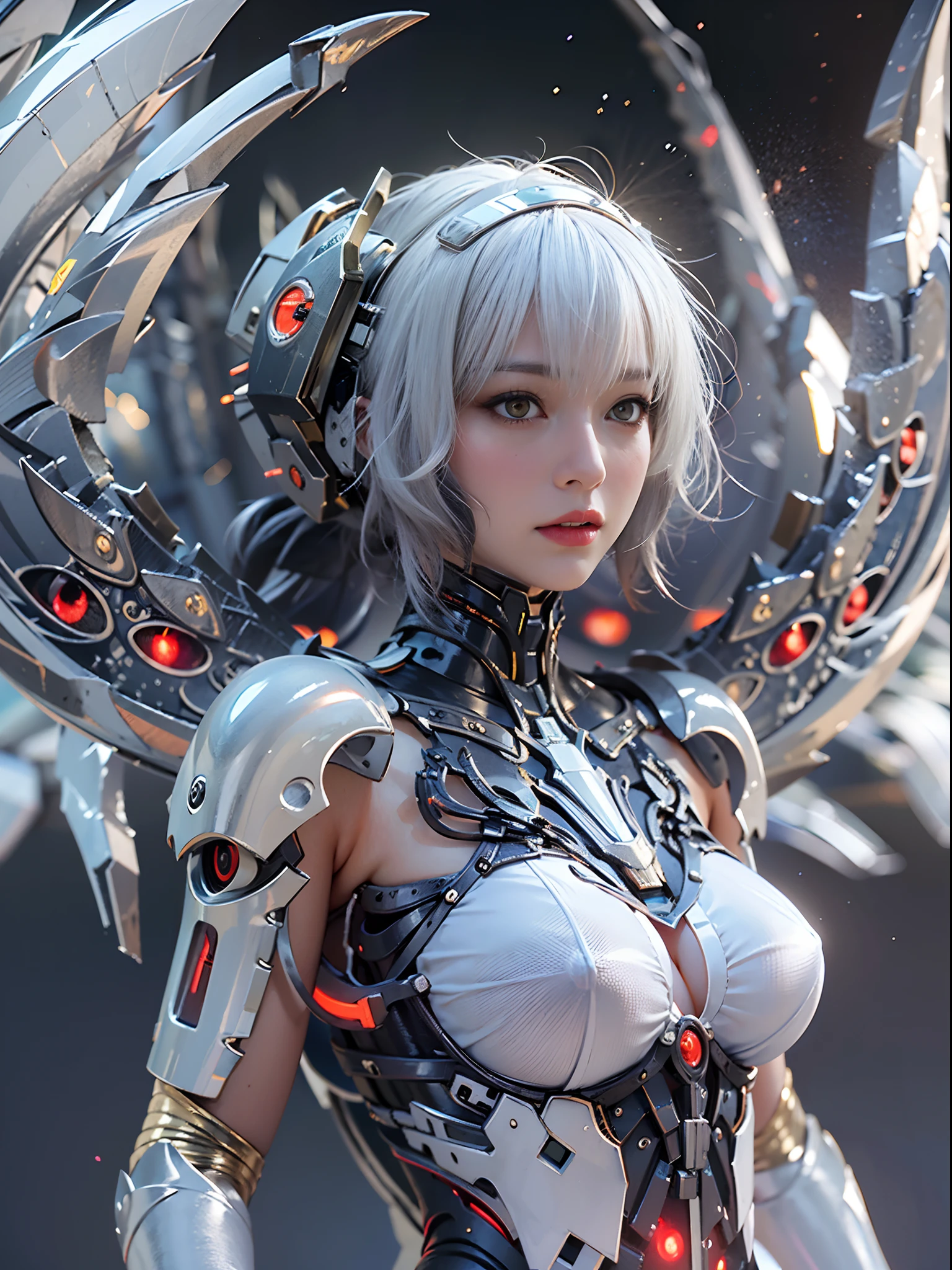 top-quality、​masterpiece、超A high resolution、(Photorealsitic:1.4)、Raw photo、Battle Cyborg Angel、large wings made of metal、White porcelain body、Acrylic Clear Cover、white  hair、glowy skin、1 Cyborg Girl、full bodyesbian、((super realistic details))、portlate、globalillumination、Shadow、octan render、8K、ultrasharp、character edge light,Colossal tits、Raw skin is exposed in cleavage、Details of complex ornaments、More about Greek、Hydraulic cylinder、Small LED lamp、highly intricate detail、Realistic light、Silvery hair、Red eyes、radiant eyes、Facing the camera、neon details、cowboy  shot、Futuristic headgear、About Cyberpunk、、