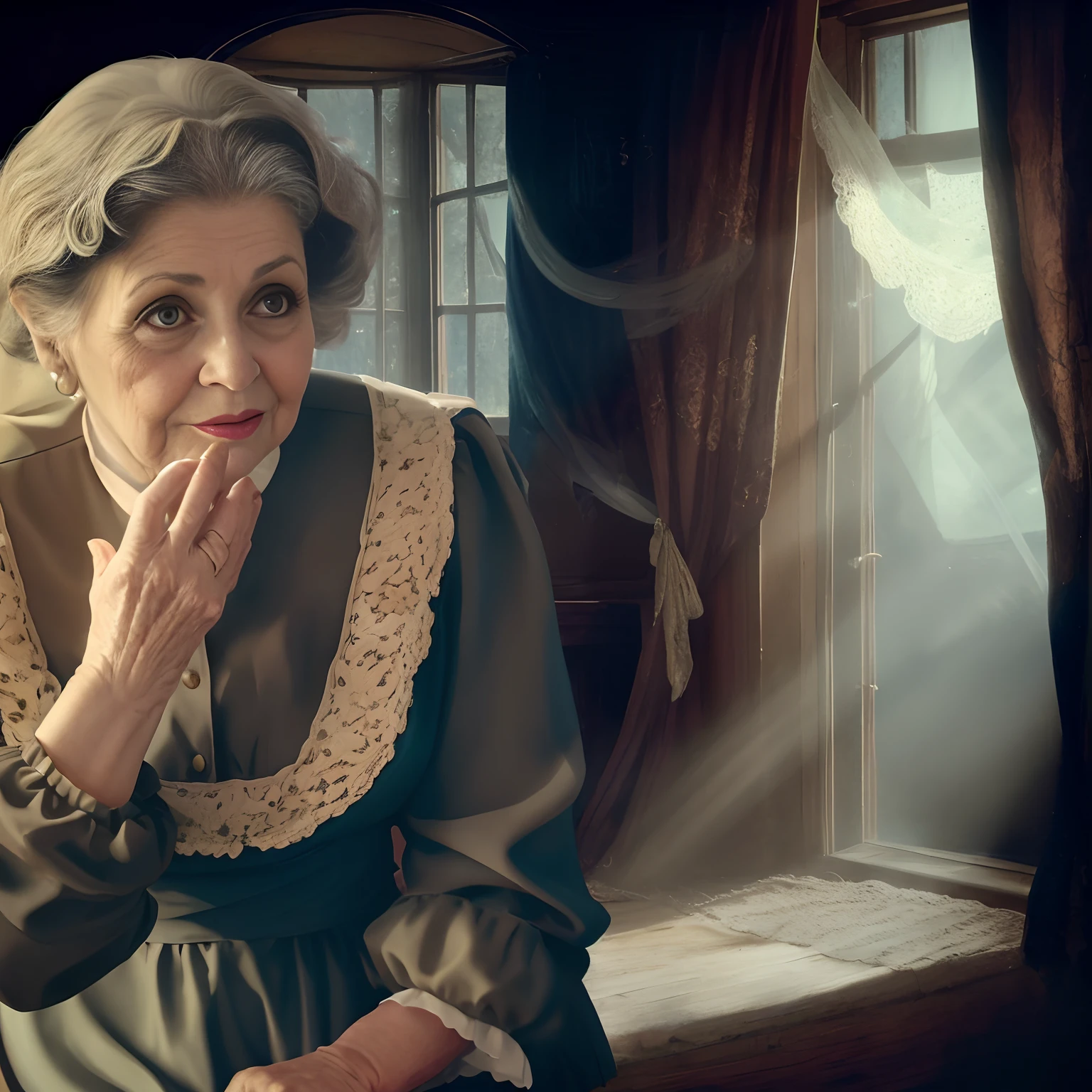 There is a woman sitting in a room with a window, Velha, inspirado em Ruth Brandt, old woman, A senhora deputada duvida que seja bruxa, an old lady, inspirado em Ada Gladys Killins, inspired by Anna Füssli, granny weatherwax, inspirado por Henriette Wyeth, inspirado em Bessie Wheeler, foto de retrato