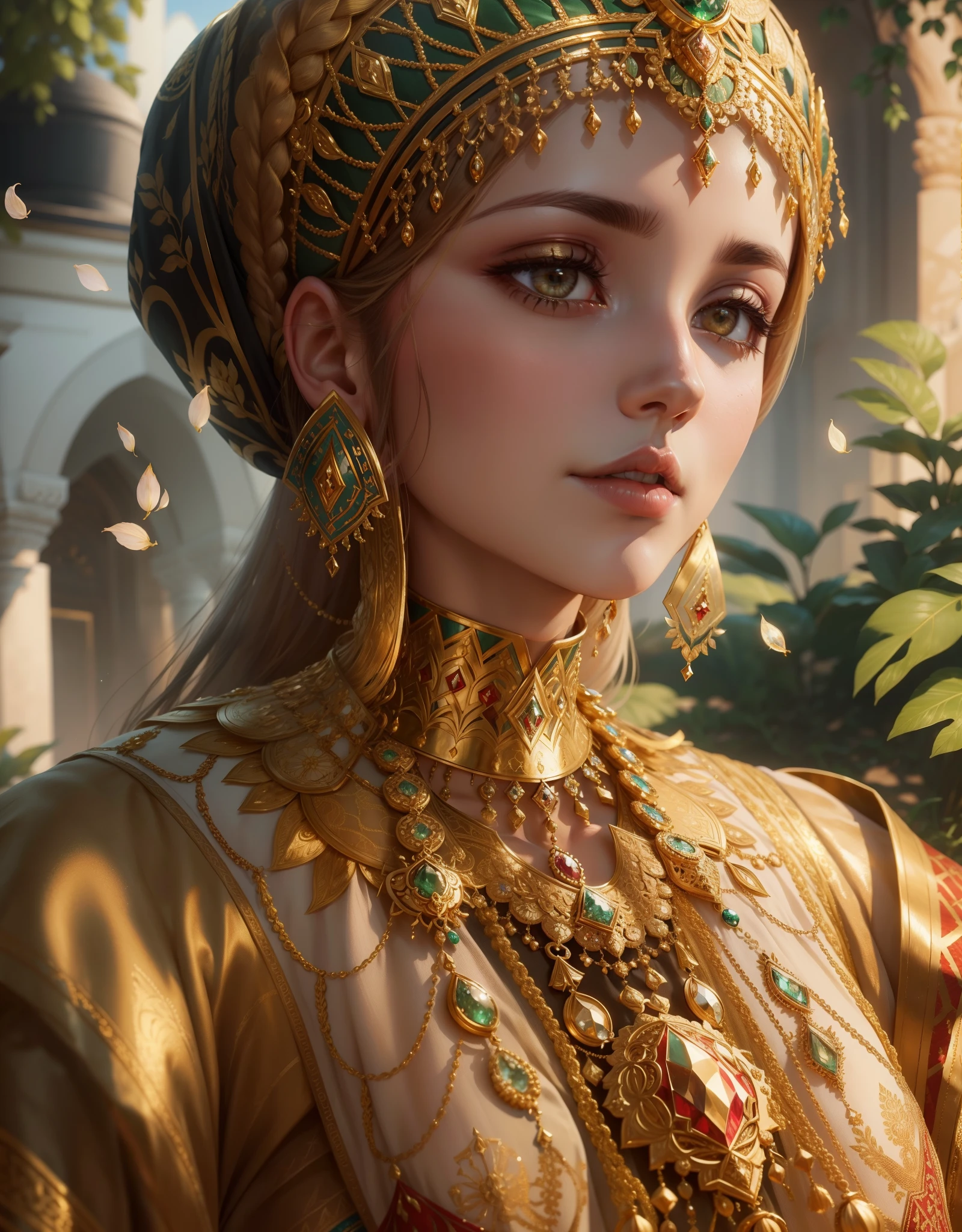 1 Ottoman Haseki Woman, golden jewelery, Ancient Ottoman Empire, shiny fabrics, embroidery, Masterpiece, portraite of a, a closeup of a, gems, In the background you can see the garden of the Turkish palace, radiance, shiny pollen, Elegantly, filigree, Cinematic, 4k