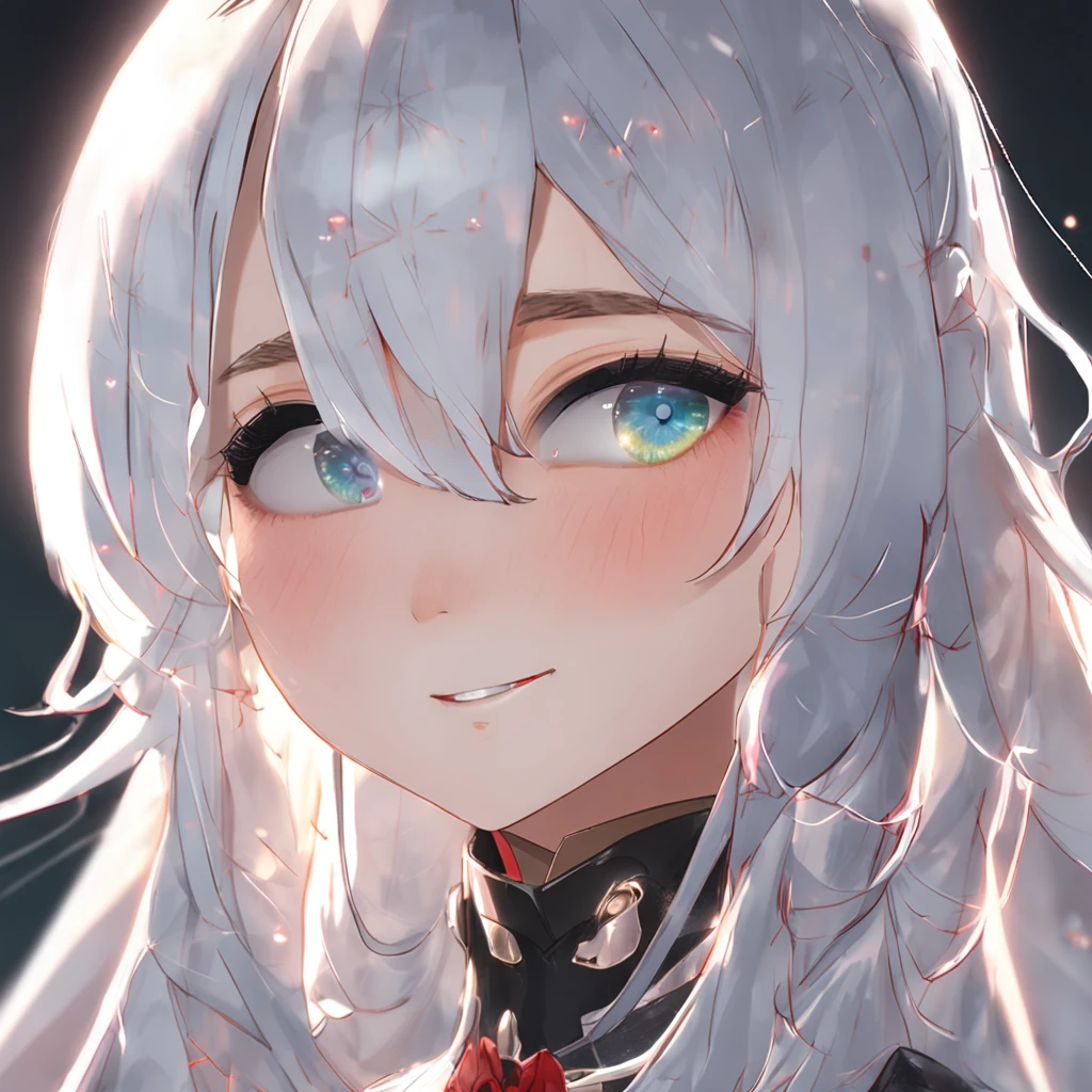 White hair, ahoge, crescent hair ornament, Hairbell, Moles under eyes, Heart-shaped pupils, Gradient eyes, Gradient_Eyes, Heterochromia, Cat ears, Smile, Light smile, Depth of field, Ray tracing, hyper HD, Textured skin, Best quality