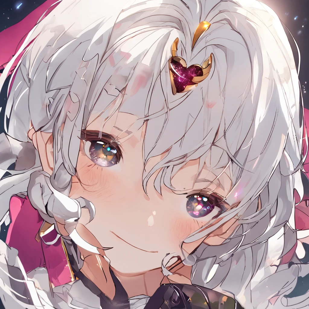 White hair, ahoge, crescent hair ornament, Hairbell, Moles under eyes, Heart-shaped pupils, Gradient eyes, Gradient_Eyes, Heterochromia, Cat ears, Smile, Light smile, Depth of field, Ray tracing, hyper HD, Textured skin, Best quality