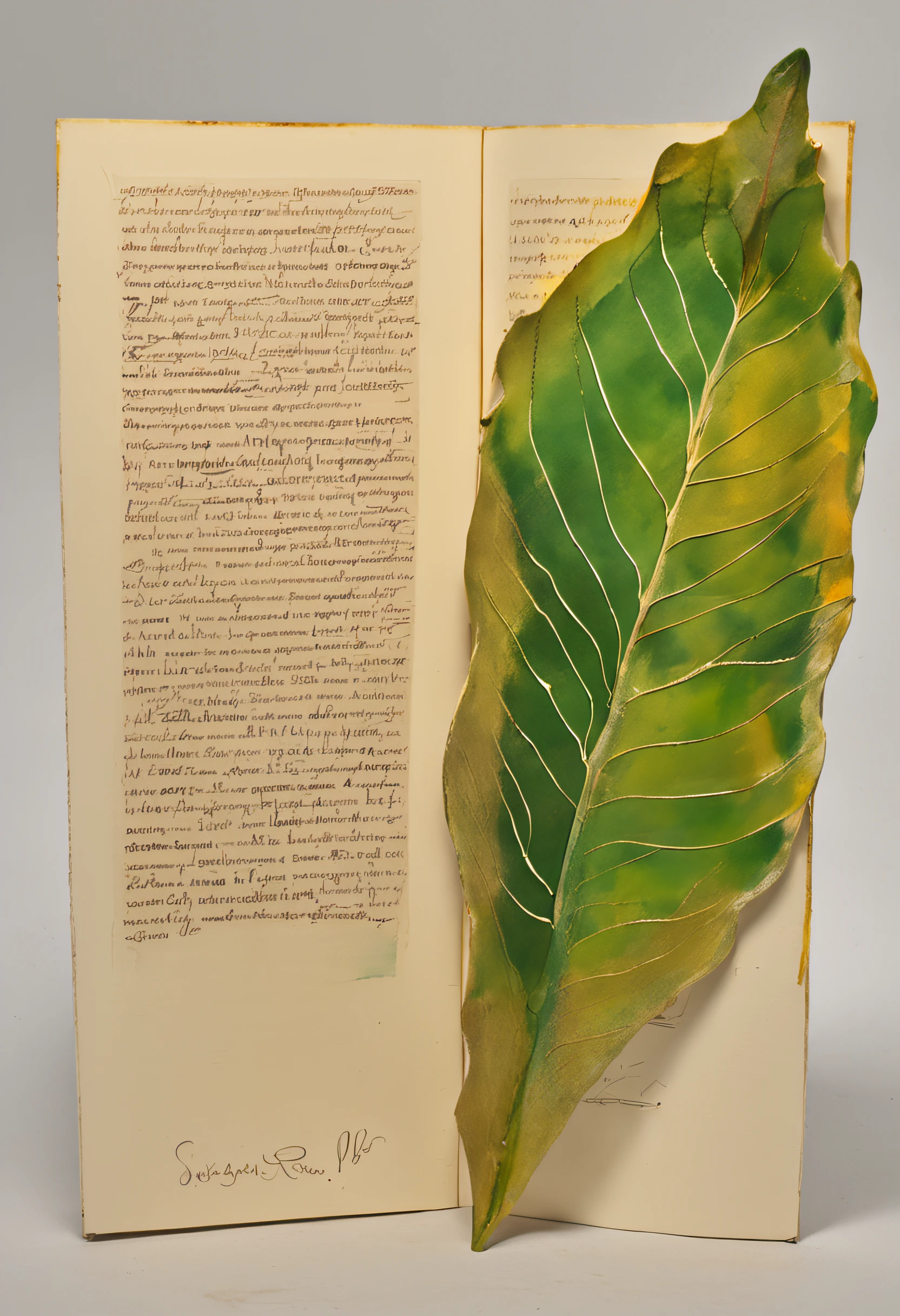 An unfolded book，A leaf bookmark was added to the page，The bookmark is engraved with two words in gold，The font is bold，The content is "One Leaf"，Fresh style，Department of Healing。
