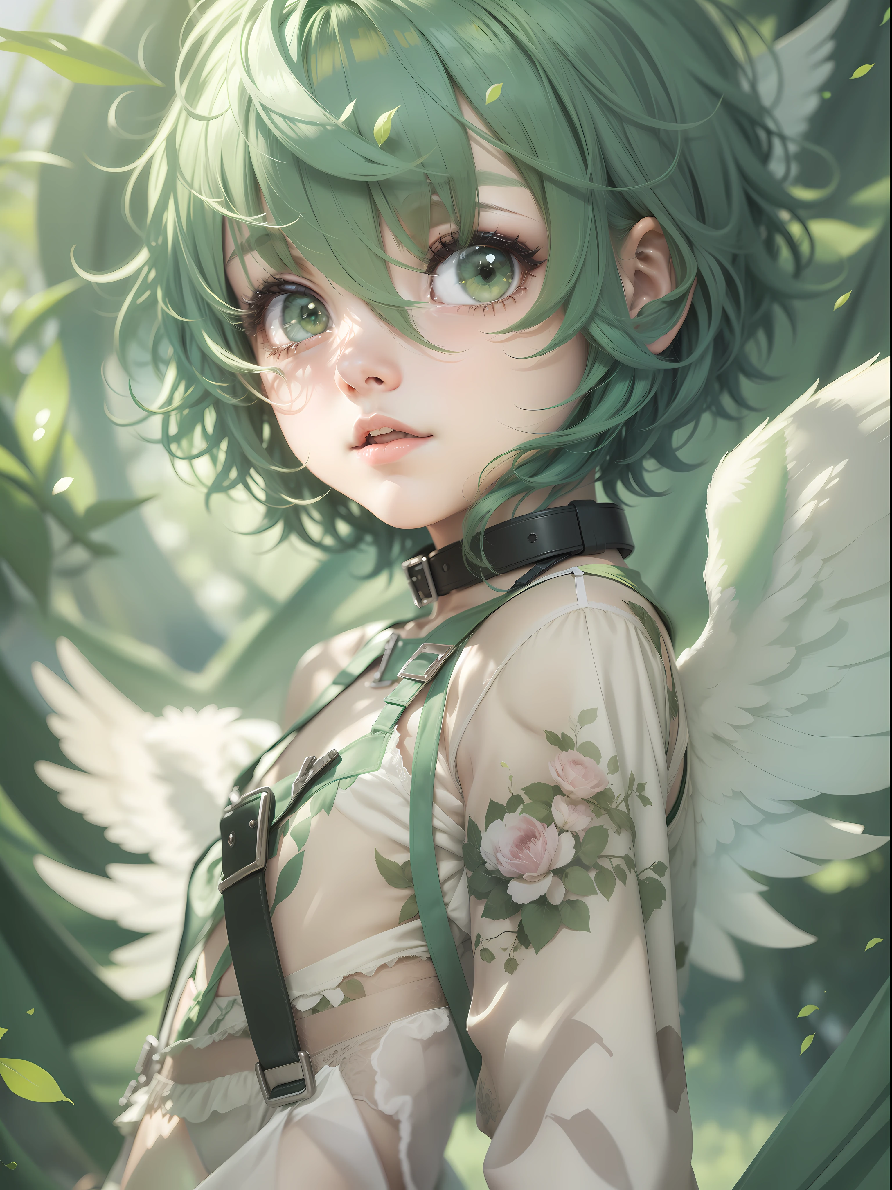 "Optimistic green hair short hair boy wearing cute panties, flat chest , set against a beautifully detailed backdrop - a true masterpiece."an angel