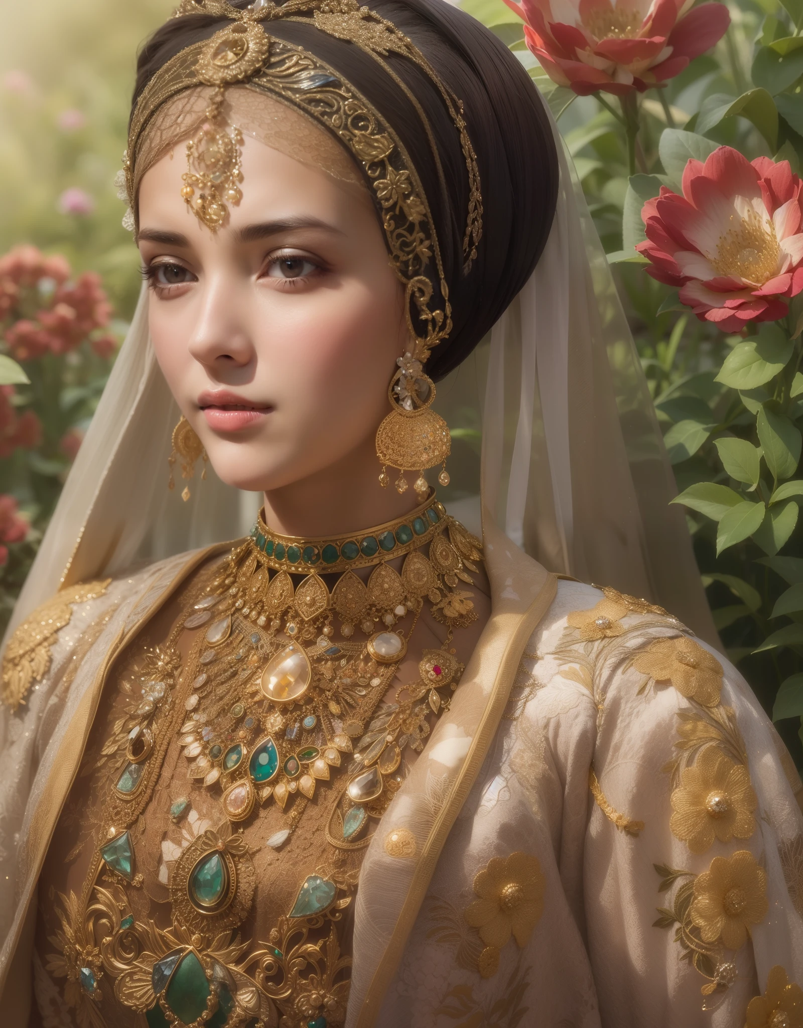 1 Ottoman Haseki Woman, golden jewelery, Ancient Ottoman Empire, shiny fabrics, embroidery, Masterpiece, portraite of a, a closeup of a, ultrarealism, gems, In the background you can see the garden of the Turkish palace, radiance, shiny pollen, Elegantly, filigree, Cinematic, 4k