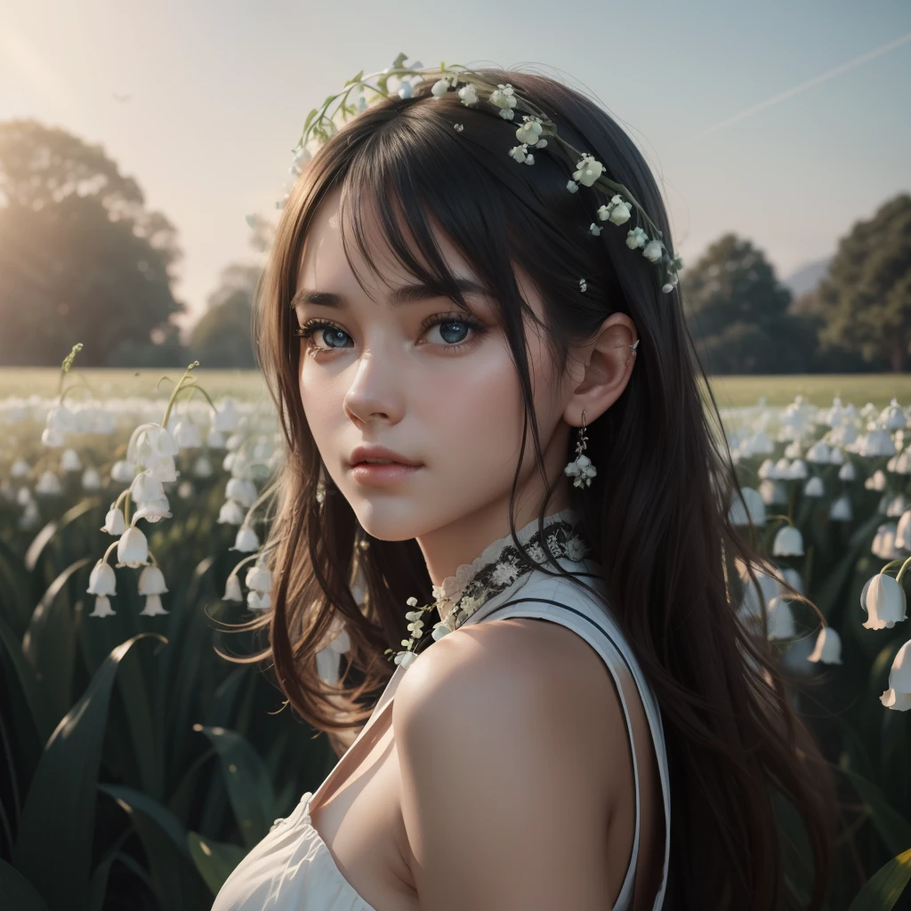 Beautiful portrait of a beautiful  girl in Lily of the valley field, Half body, Science fiction、 A detailed eye, Art Station, Sharp Focus, Photorealsitic, 35 mm, Ultra Detail, 4 k, radiant light