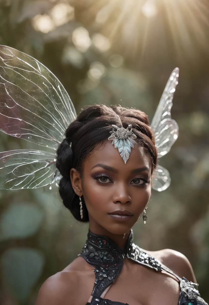 "1 beautiful black fairy woman cyber punk with African ethnicity. A stunning, ethereal depiction of a mesmerizing Flower Fairy in a fantasy realm.Close up,Flower fairy,crystal fairy, shiny butterfly wings,crystal blossom flower,
fantasy, galaxy, transparent,
shimmering, sparkling, splendid, colorful,
magical photography, dramatic lighting, photo realism, ultra-detailed, 4k, High-resolution
