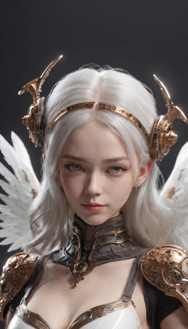 Create a bot、The gesture of the arrival of angels、Suspended in mid-air、Face the camera head-on、in a panoramic view、12 to 16 years old, With a charming smile, Trigger emotions in people, When you see him, top-quality、tmasterpiece、超A high resolution、(Photorealsitic:1.4)、RAW photo、Steampunk robot angel、Large wing made of metal、White porcelain body、whaite hair、glowy skin、cyborg girl、((Super realistic details))、porate、The halo of time and gears are constantly spinning behind the back、globalillumination、black shadows、octan render、8K、ultrasharp、Character edge light,Colossal tits、Raw skin is exposed in cleavage、Details of complex ornaments、Acrylic transparent cover、Sumerian details、Hydraulic cylinder、small led lights、highly intricate detail、Realistic light、a purple eye、Radiant eyes、Facing the camera、neon light detail、cow boy shot、Futuristic headgear、Floor plan about the《cyber punk perssonage》、Extra meticulous、future-tech、Faraway view、Full body photo、