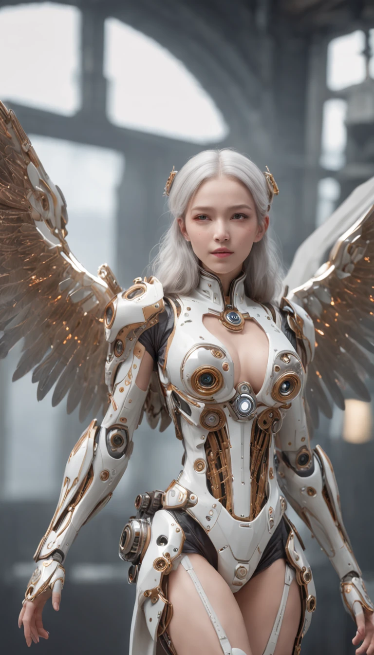 Create a bot、The gesture of the arrival of angels、Suspended in mid-air、Face the camera head-on、in a panoramic view、, With a charming smile, Trigger emotions in people, When you see him, top-quality、tmasterpiece、超A high resolution、(Photorealsitic:1.4)、RAW photo、Steampunk robot angel、Large wing made of metal、White porcelain body、whaite hair、glowy skin、cyborg girl、((Super realistic details))、porate、The halo of time and gears are constantly spinning behind the back、globalillumination、black shadows、octan render、8K、ultrasharp、Character edge light,Colossal tits、Raw skin is exposed in cleavage、Details of complex ornaments、Acrylic transparent cover、Sumerian details、Hydraulic cylinder、small led lights、highly intricate detail、Realistic light、a purple eye、Radiant eyes、Facing the camera、neon light detail、cow boy shot、Futuristic headgear、Floor plan about the《cyber punk perssonage》、Extra meticulous、future-tech、Faraway view、Full body photo、