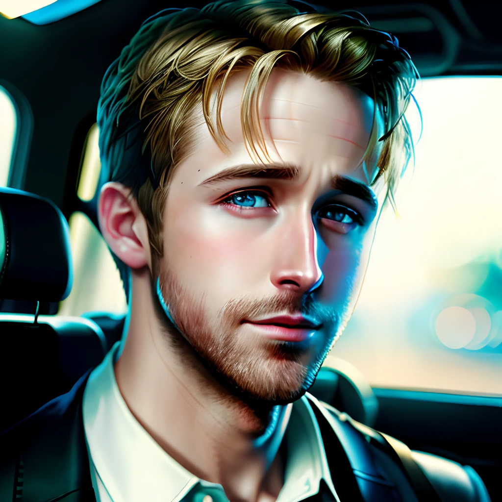 Realistic Ryan gosling, detailed skin texture, light blue eyes
