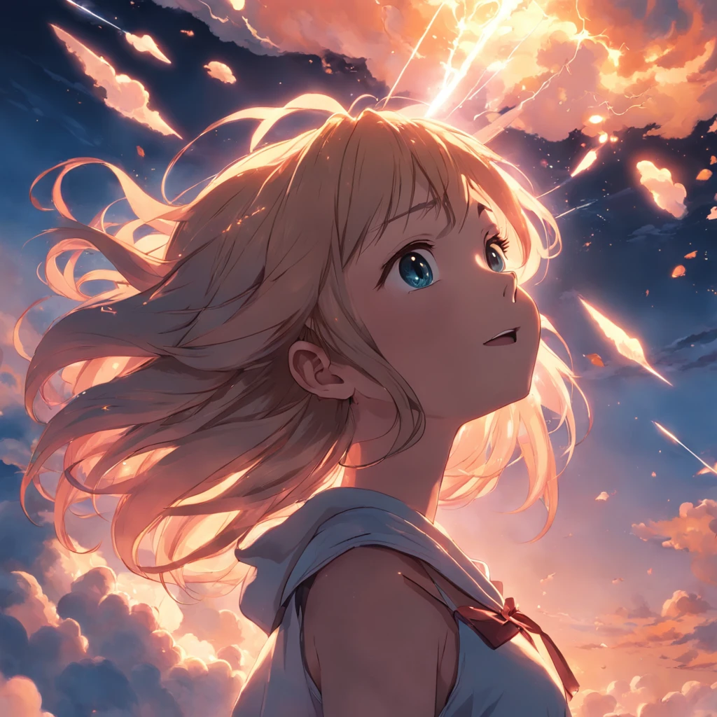 masterpiece, best quality, movie still, 1girl, cloud girl, floating in the sky, close-up, bright, happy, warm soft lighting, sunset, (sparks:0.7)
