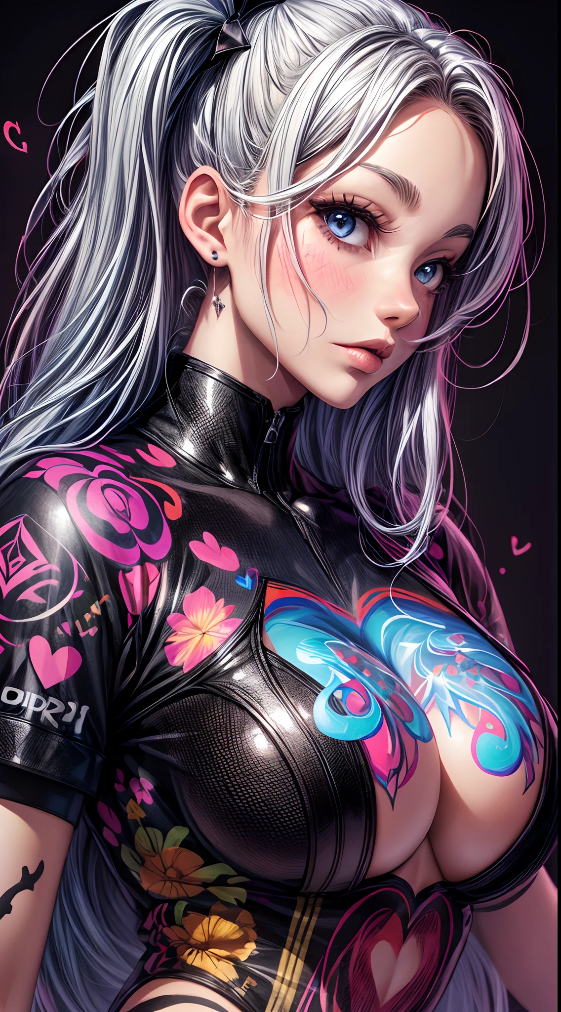 infp young woman, Beautiful big breasts, Front opening shirt, Body painting with pop designs drawn directly all over the body, heart shapes, Pop Art Design, Cutting-edge fashion, Innovative, The center of attention, tokyo prefecture, newyork, Special art design, pubick hair, cameltoe details, -motto, Background of the novel,