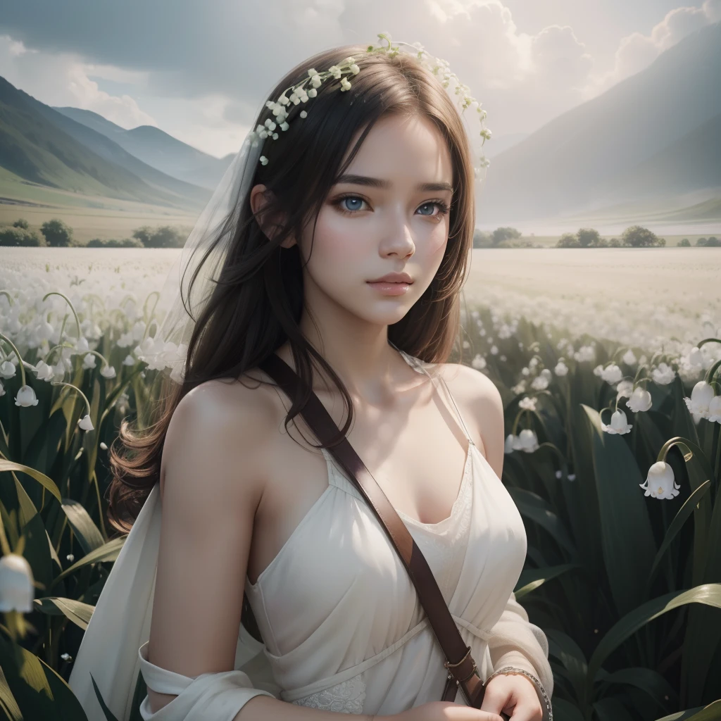 Beautiful portrait of a beautiful  girl in Lily of the valley field, Half body, Science fiction、 A detailed eye, Art Station, Sharp Focus, Photorealsitic, 35 mm, Ultra Detail, 4 k, radiant light