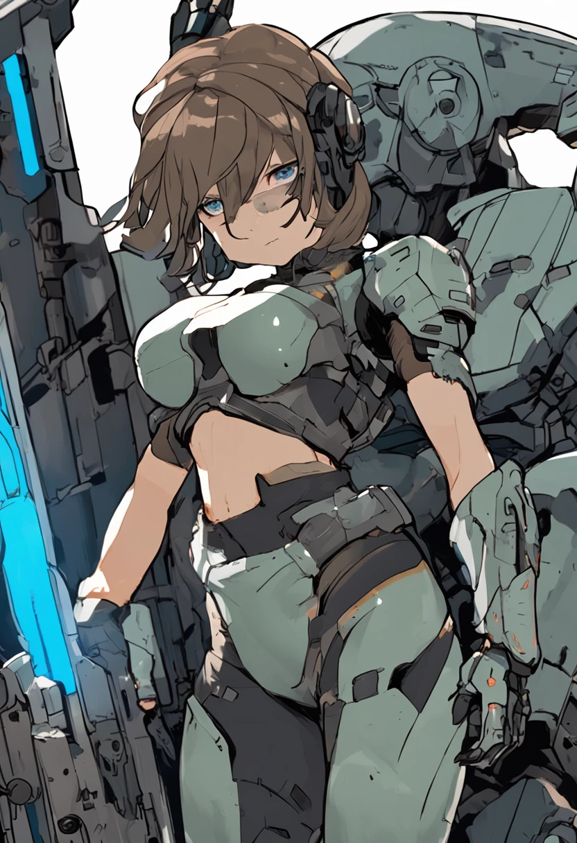 A woman, army green mecha suit + black armor with silver parts, long and short hair, hair with bangs in front of eyes, helmet on head, bright blue eyes, looking at viewer, ((( pose interacting and leaning [ on an object | on something in the environment]))), right-handed dungeon, with machines, robots, puppy, Surreal, Tense, Hot, Highly detailed, clear, Professional, 8K UHD, twilights, movie, Dark, Violent, plein air, river, buttle, finely detailed fingers, finely detailed hand, perfect hands, chase, dramatic, vivid, tense atmosphere, rendered, epic, twilights, nffsw, album covers, blizzard, lightning, disaster, boiling lava waterfall, ( (total length): 1.5). 16k, UHD, best possible quality, ultra detailed, best possible resolution, Unreal Engine 5, professional photography, perfect_hands, [tomb_raider], ((tomb raider_breath_of_the_wild)),wearing tomb_rider_cosplay_outfit