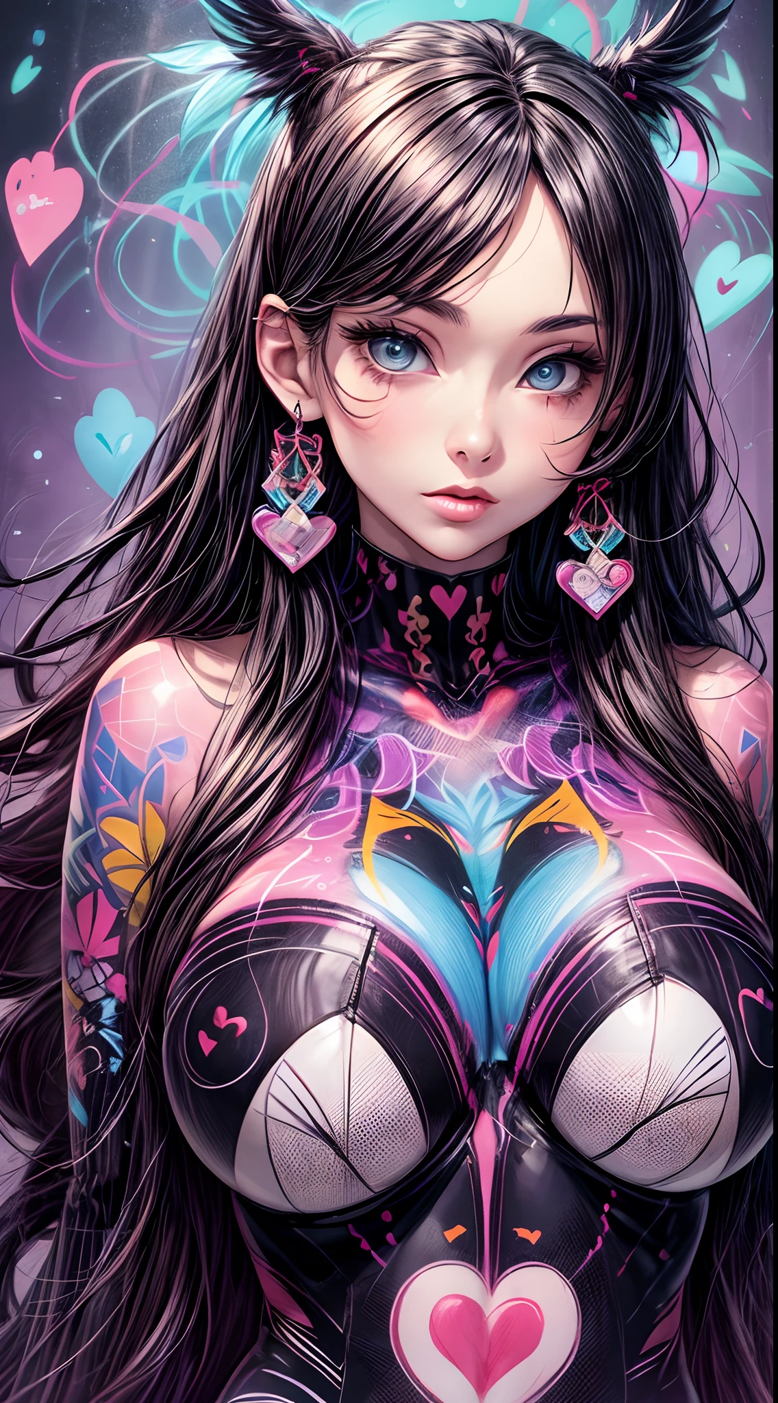 infp young woman, Beautiful big breasts, Front opening shirt, Body painting with pop designs drawn directly all over the body, heart shapes, Pop Art Design, Cutting-edge fashion, Innovative, The center of attention, tokyo prefecture, newyork, Special art design, pubick hair, cameltoe details, -motto, Background of the novel,