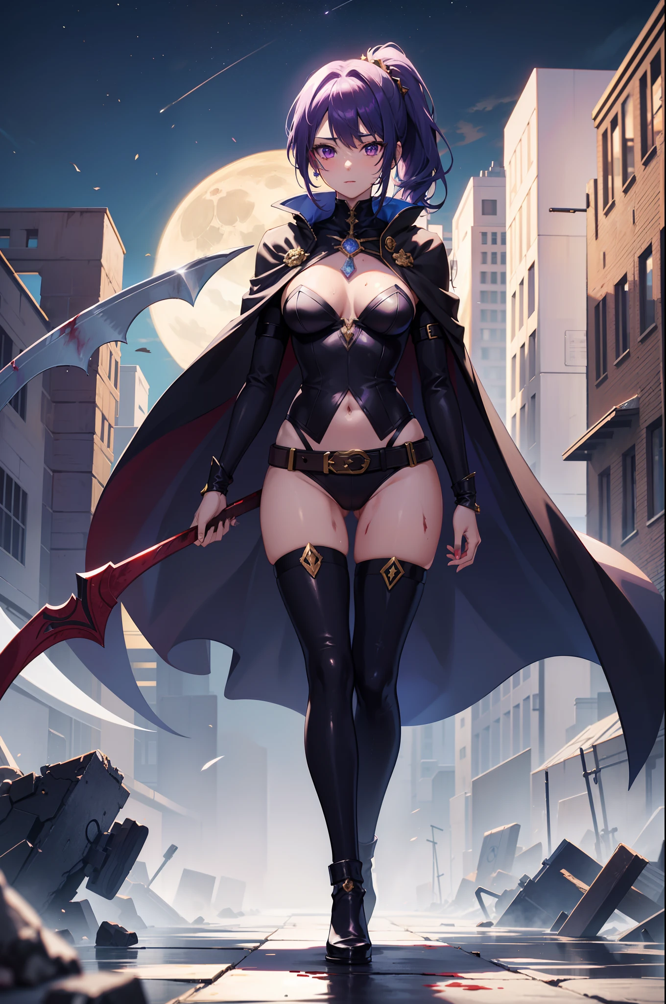 sexy woman, petite, perfect body shape, small breast, holding giant scythe, battle suit outfit, silver color breast plate, battle skirt, (royal cape:1.1), main color is matte black, secondary color is purple, ((wet and bloody body detailed)), sexy and devil aura, original character, masterpieces, seducing purple pupil, black high pony tail with some purple hair, 20 years old, walking under moon and middle of the destroyed street, high quality anime 4k wallpaper, purple gem accessories, golden belt, golden necklace, windy and holy effect, crotch tattoo.