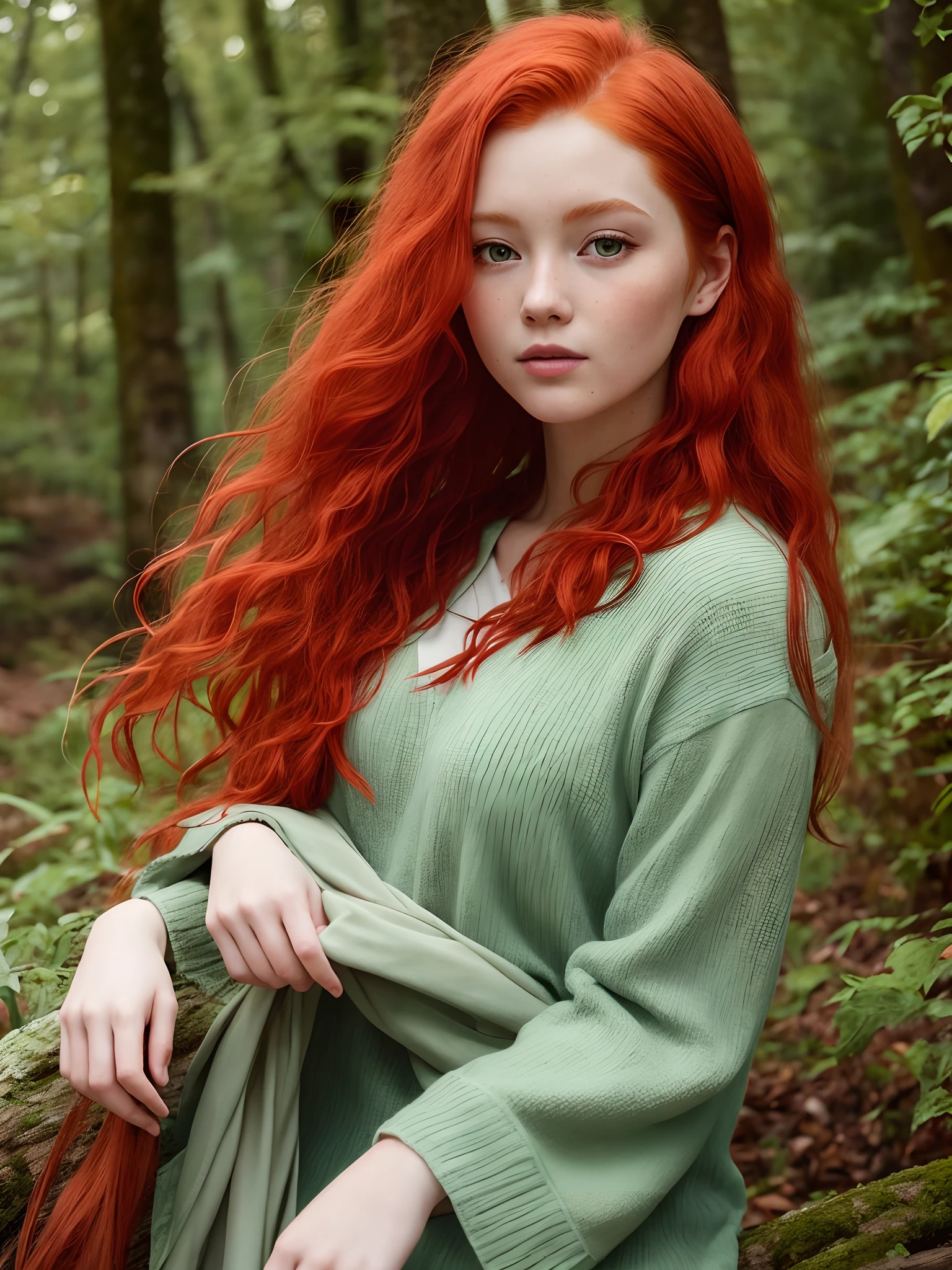 redhead haired woman with long hair in a forest setting, redhead girl, beautiful redhead woman, soft portrait shot 8 k, red haired goddess, with red hair and green eyes, cute young redhead girl, redhead woman, she is redhead, natural soft pale skin, red head, ethereal beauty, red haired girl, a redheaded young woman, sexy girl with green eyes