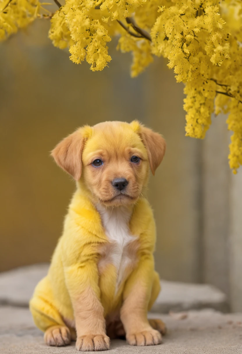 There is an iSky in the picture、date trees、house,Under the date tree lies a yellow-colored puppy
