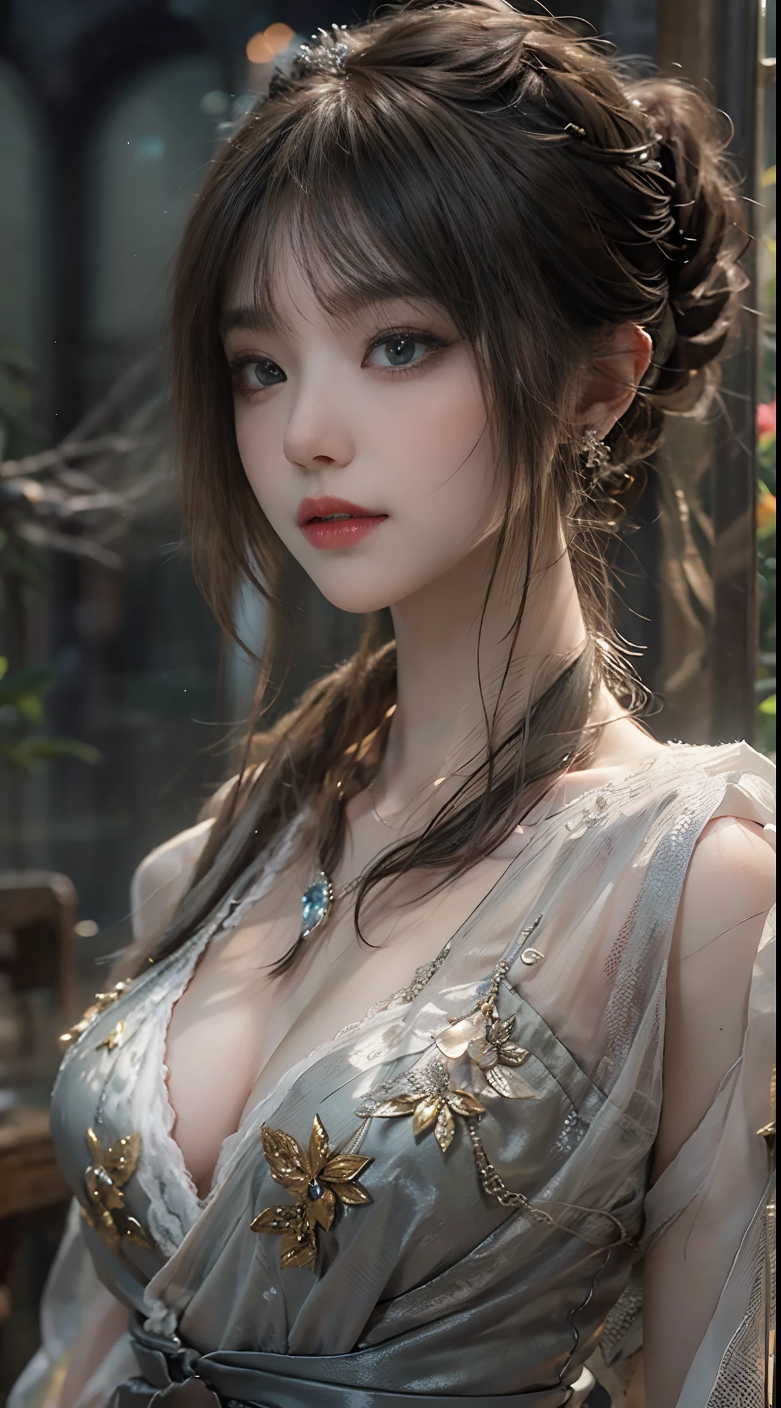 best qualtiy,tmasterpiece,超高分辨率,(Fidelity:1.4),(Ultra photo realsisim), (A high resolution), (8K),1girll,cropped shoulders,cinmatic lighting, ssmile,short detailed hair,Black shawl straight hair,46 points oblique bangs,High-definition detail、Hyper-detailing、cinematic ligh、ultra-realistic realism、Soft light、 Very detailed and elegant wedding dress, head gear, highly detailed, contorted ponytail, mesmerizing looks, beautiful and clear eyes, green pupills, delicatenecklace, Delicate earrings, Simple blurred background, extreme detail depiction, big breasts beautiful, Attractive, Ultra-fine images, delicated face, exquisite body, Thin collarbone, beautifullips, Soft back, mix4, (8K, yes, RAW photos, top-quality, tmasterpiece: 1.2), (realisticlying, realisticlying: 1.37), one-girl, adolable, view over city, the night, Sateen, dampness, profesional lighting, photon maping, Radio City, physically-based renderingt, above waist,