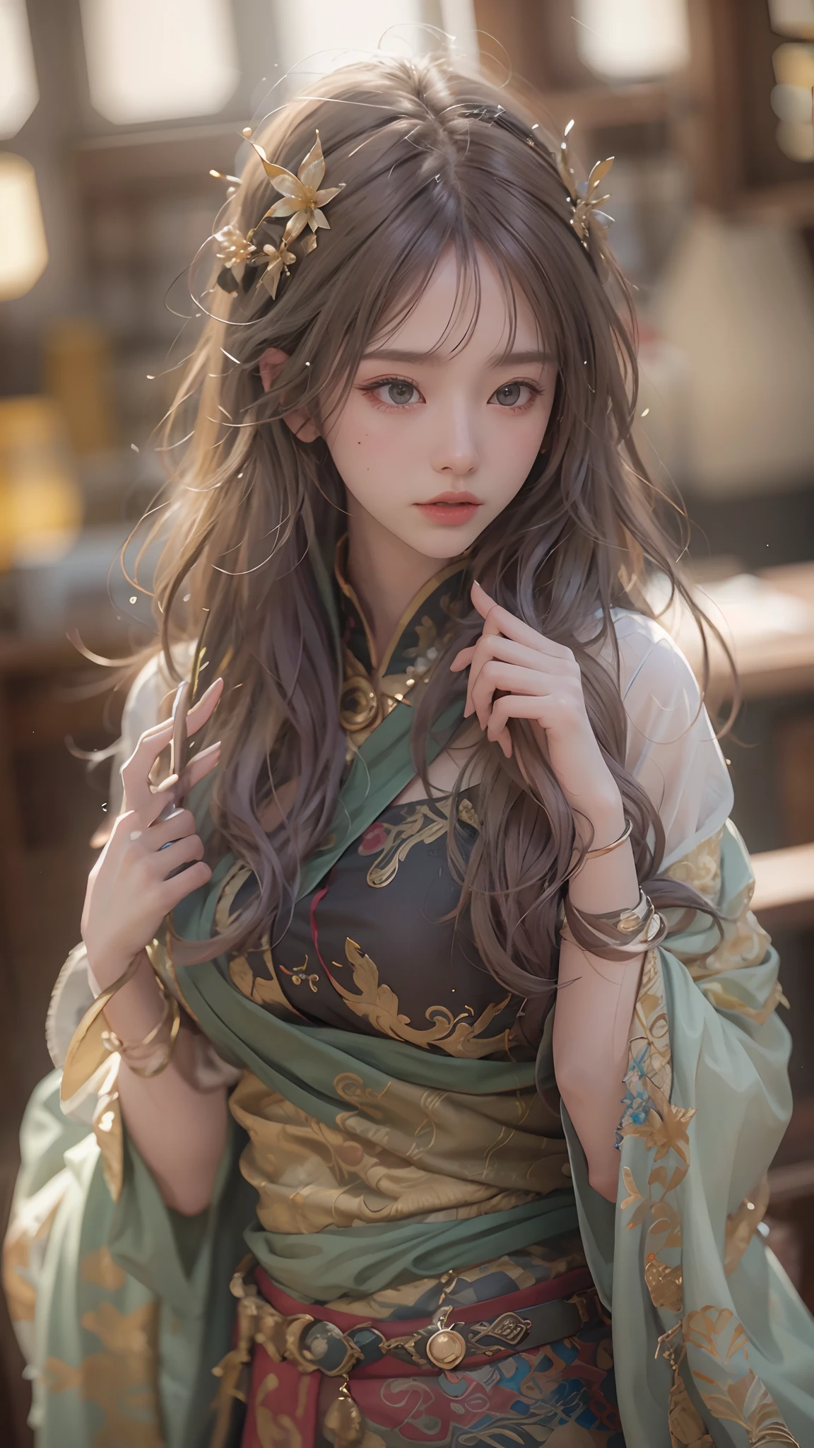 (RAW photos,best qualtiy),(realisticlying,photograph realistic:1.3),best qualtiy,highly detailed,tmasterpiece,Hyper-detailing,illustratio,1girll,The upper part of the body,dynamic angle,Masterpiece Theatre of the World,Long messy hair,best qualtiy,extremely detailed CG unity 8k wal,ink,astounding,cinmatic lighting,lens flare glow,Dunhuang style